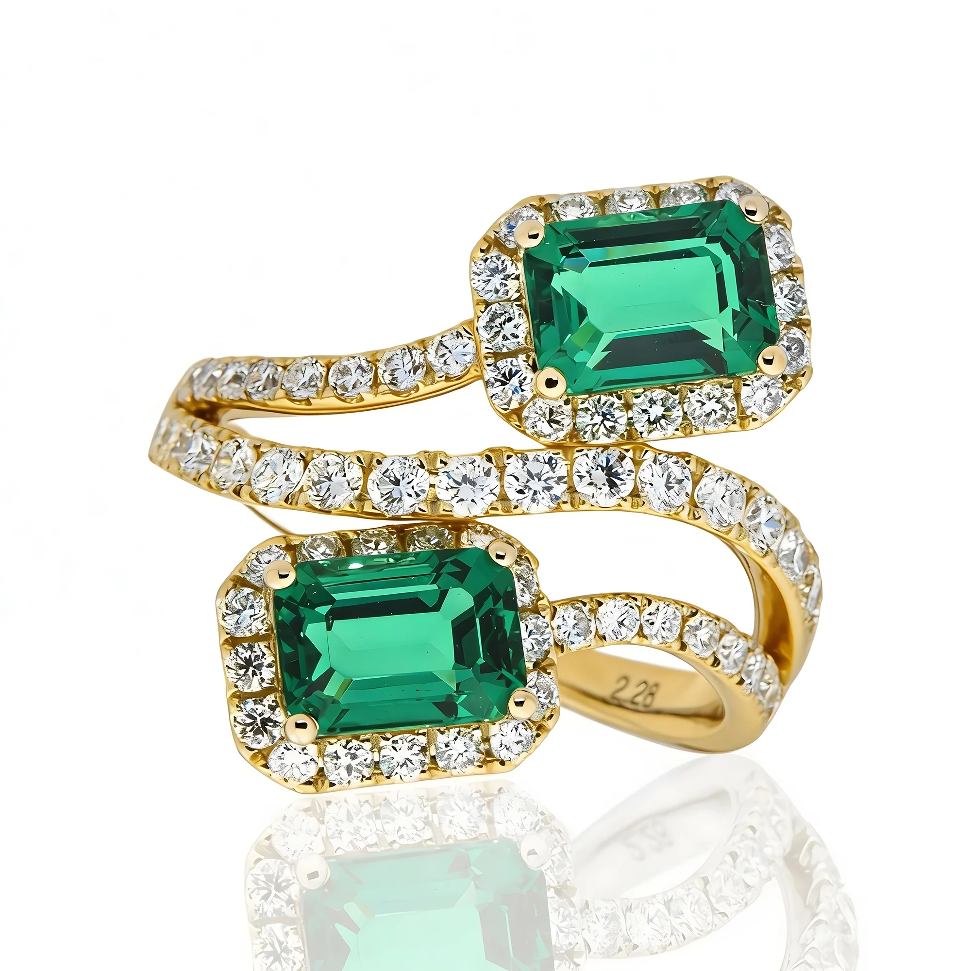 White Gold Emerald Cut Emerald & Round Diamond Wrap Ring 3.31ct - Image 6