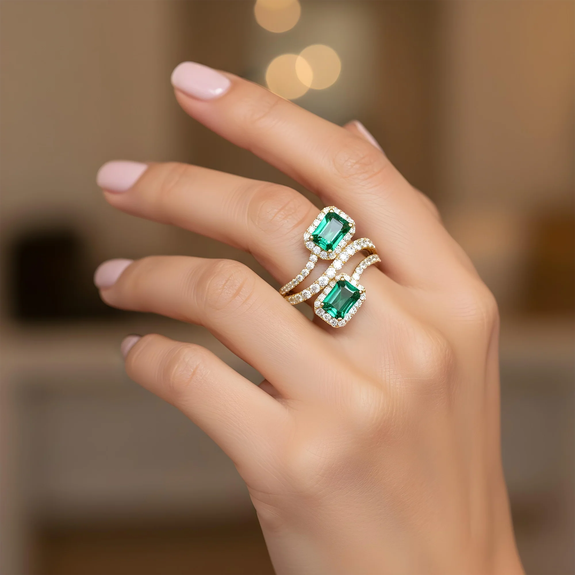 White Gold Emerald Cut Emerald & Round Diamond Wrap Ring 3.31ct - Image 7