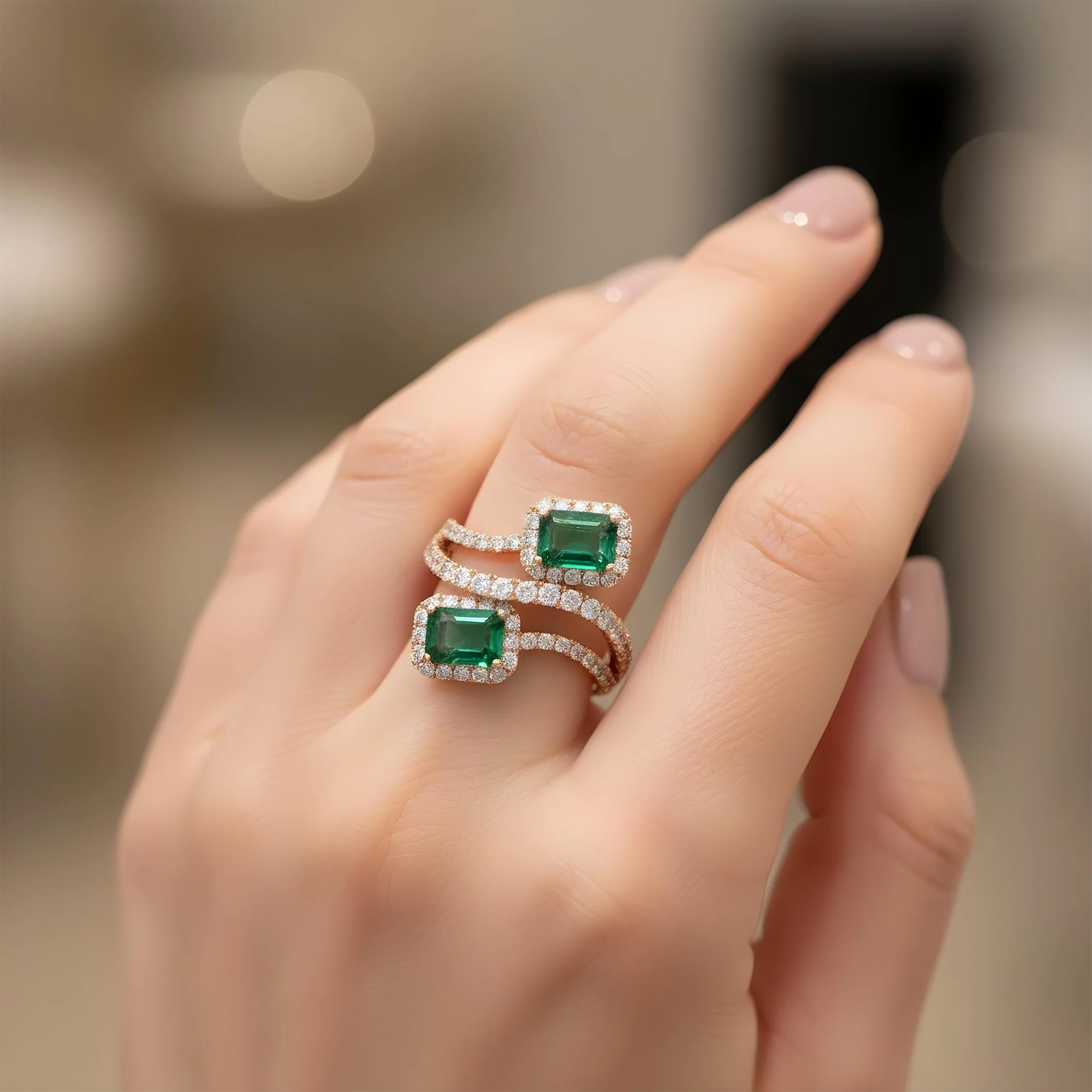 White Gold Emerald Cut Emerald & Round Diamond Wrap Ring 3.31ct - Image 9