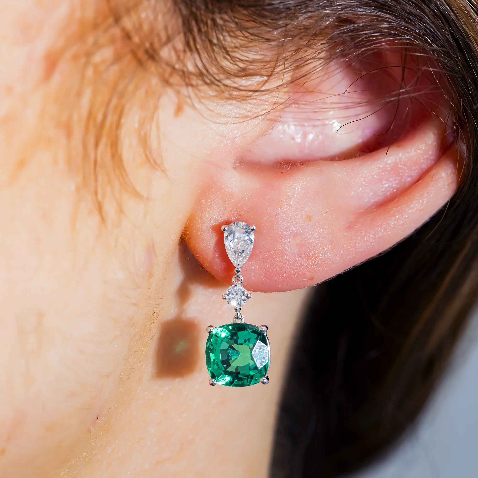 White Gold Emerald & Diamond Drop Earrings 5.57ctw - Image 2