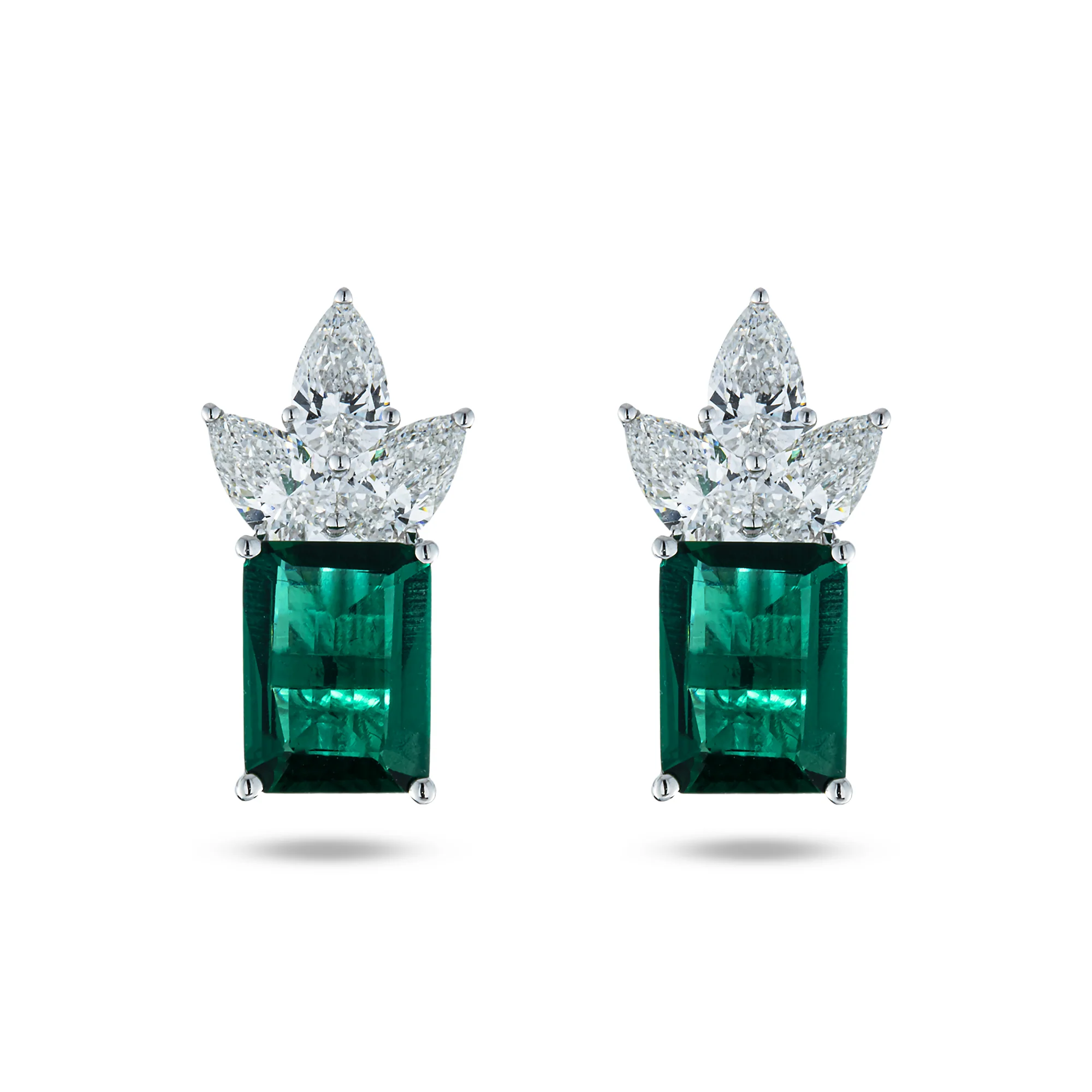 White Gold Emerald & Pear Diamond Cluster Stud Earrings 4.39ctw
