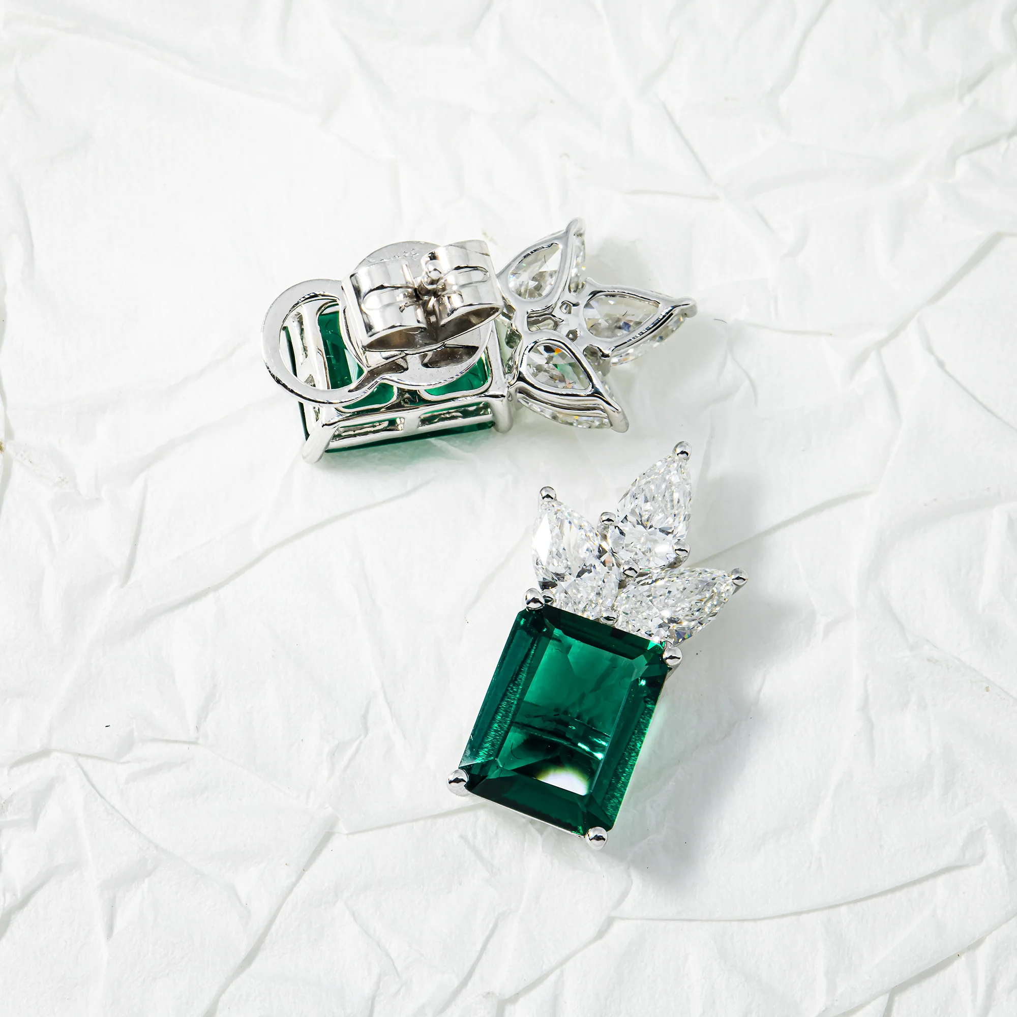 White Gold Emerald & Pear Diamond Cluster Stud Earrings 4.39ctw - Image 3