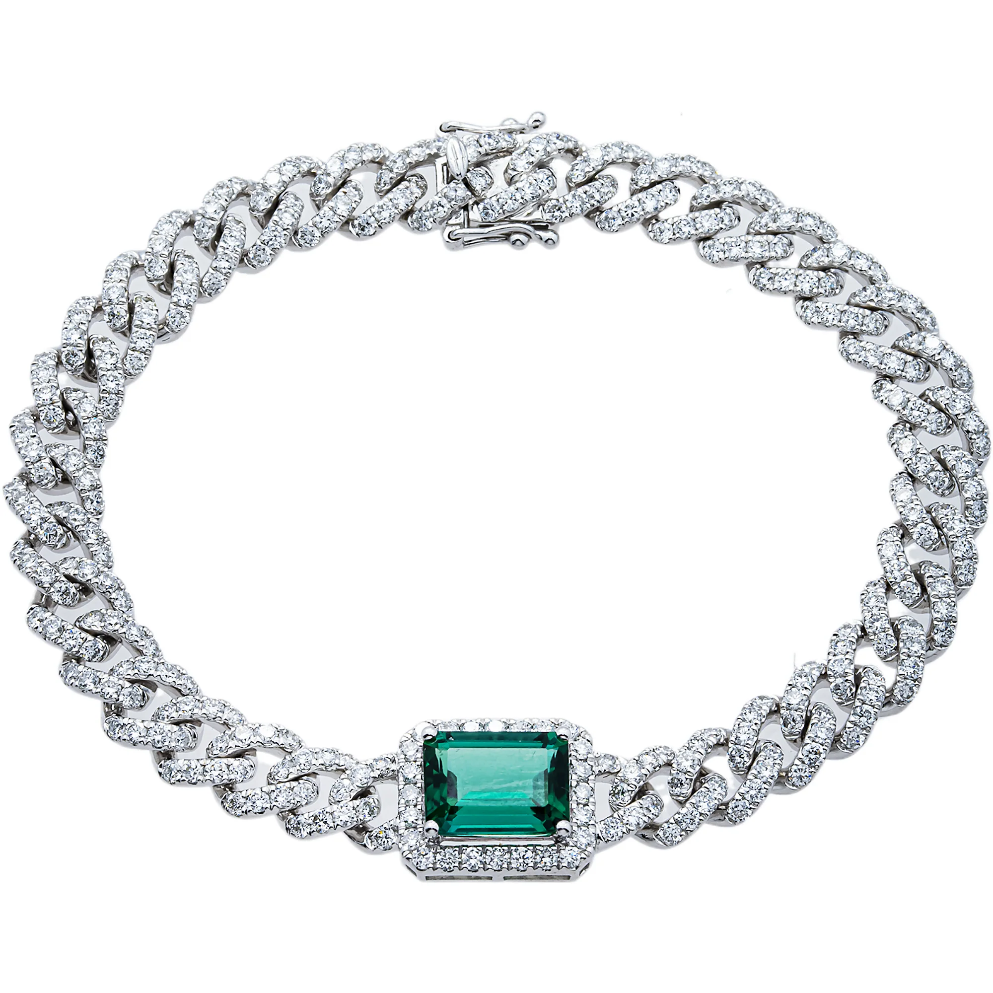 White Gold Emerald & Round Diamond Cuban Link Bracelet 5.97ctw