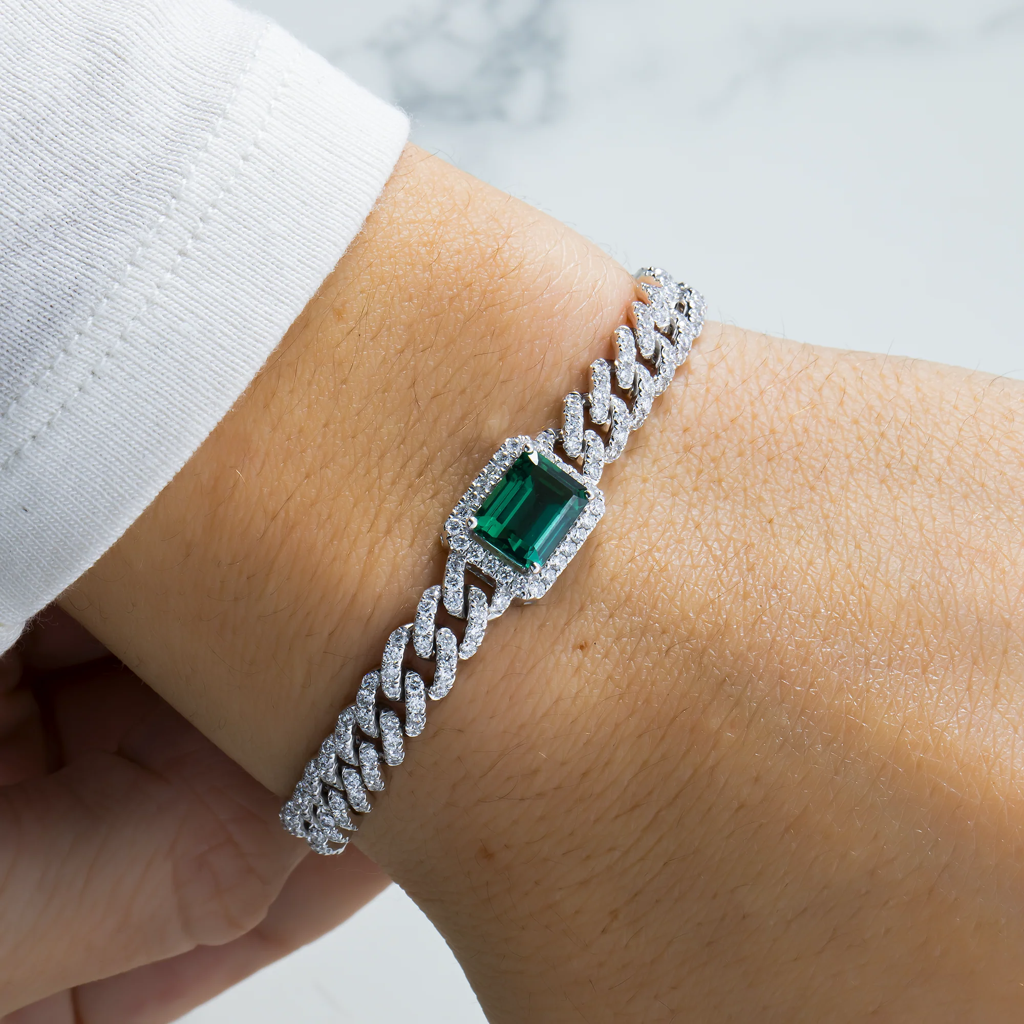 White Gold Emerald & Round Diamond Cuban Link Bracelet 5.97ctw - Image 2