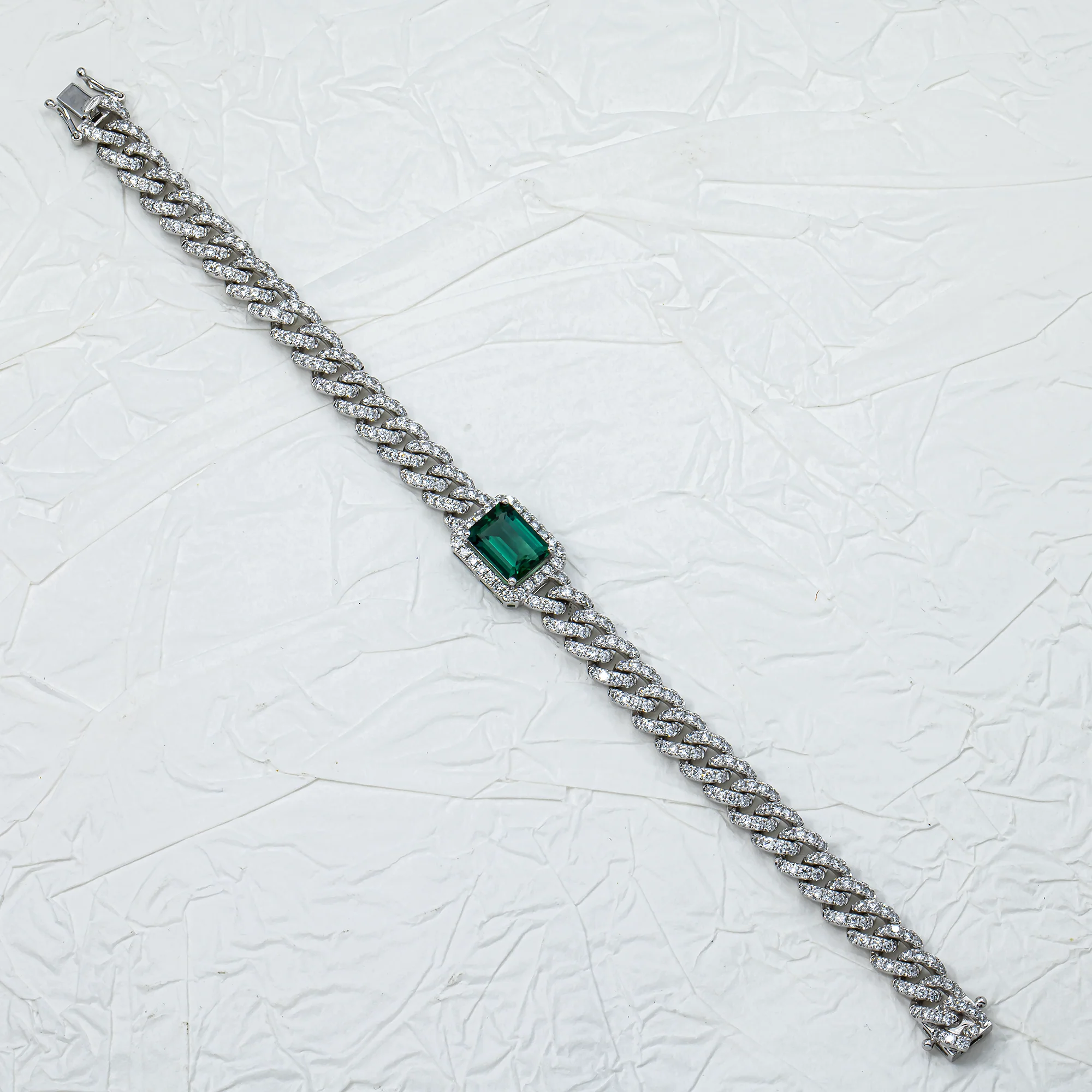 White Gold Emerald & Round Diamond Cuban Link Bracelet 5.97ctw - Image 3