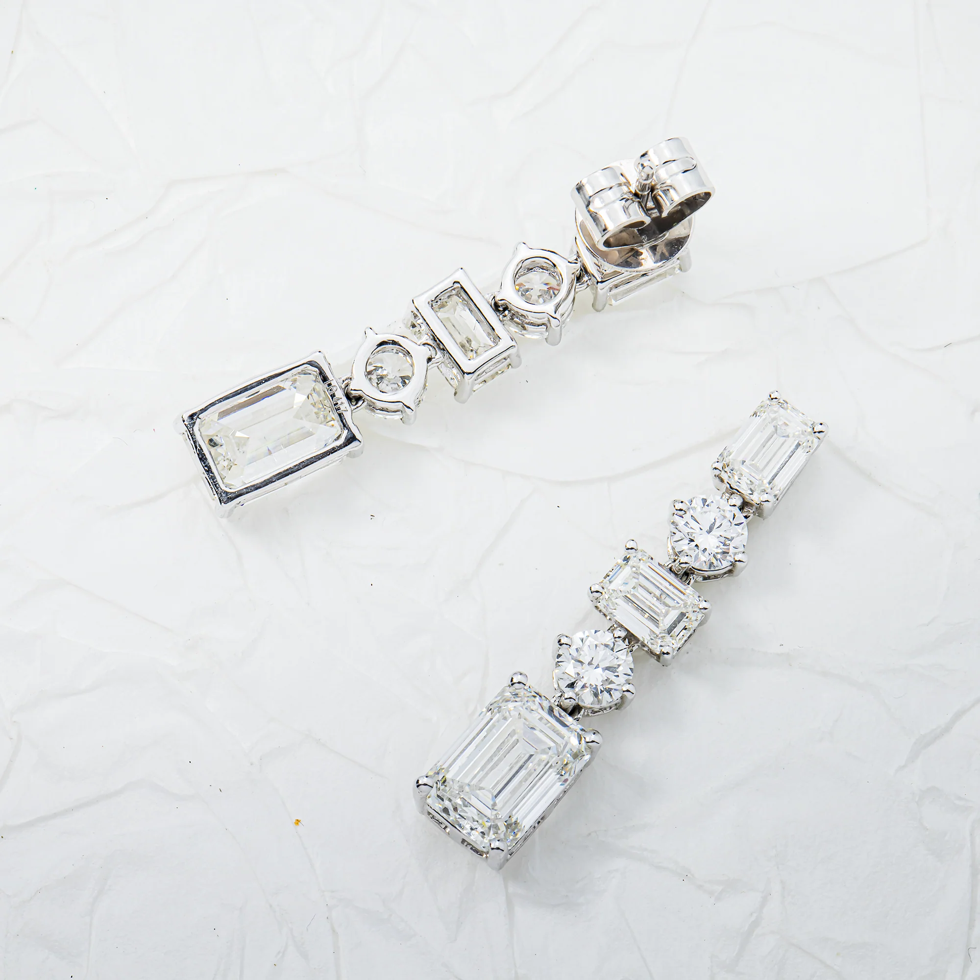 White Gold Emerald & Round Diamond Drop Earrings 5.70ctw - Image 3