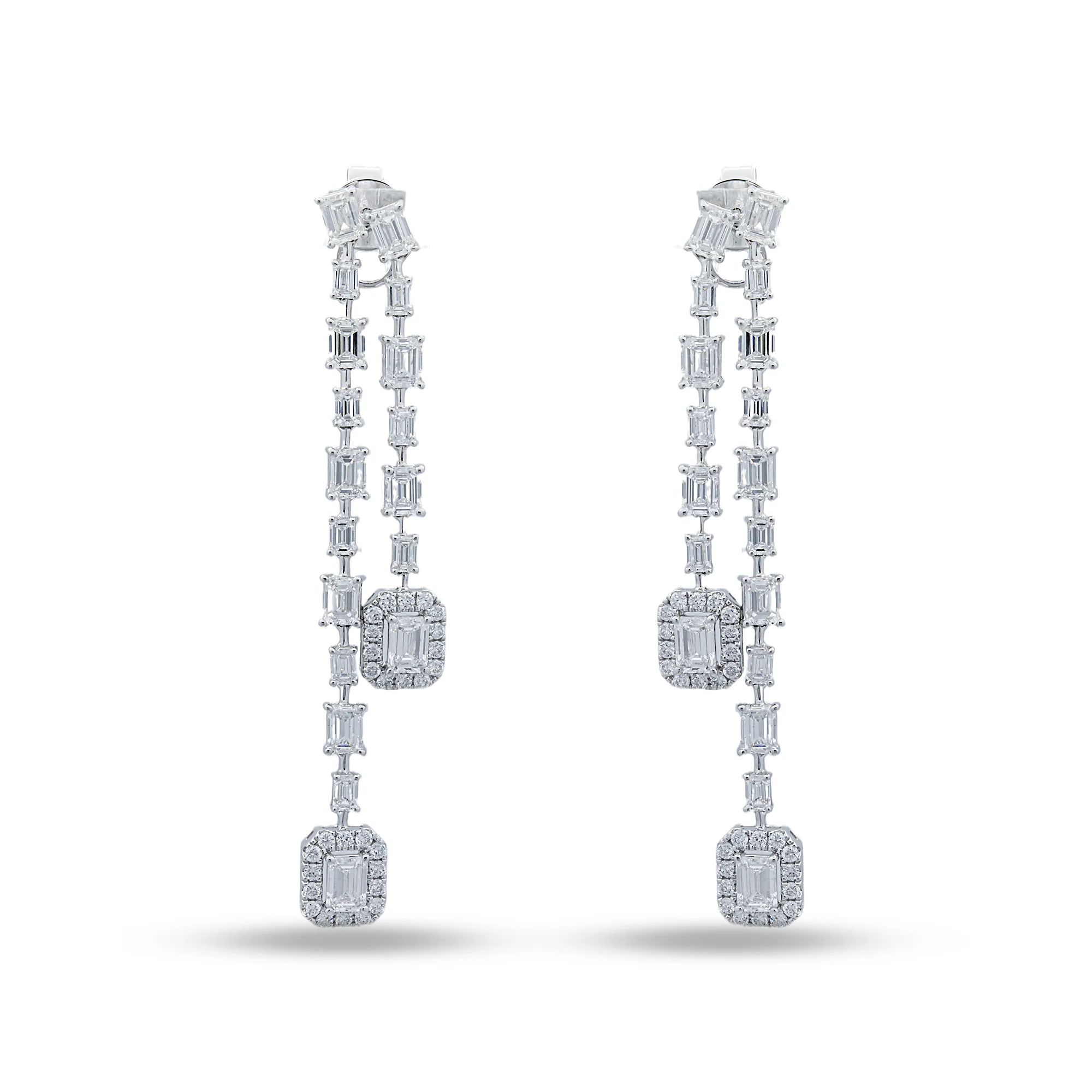 White Gold Emerald & Round Diamond Drop Earrings 7.47ctw