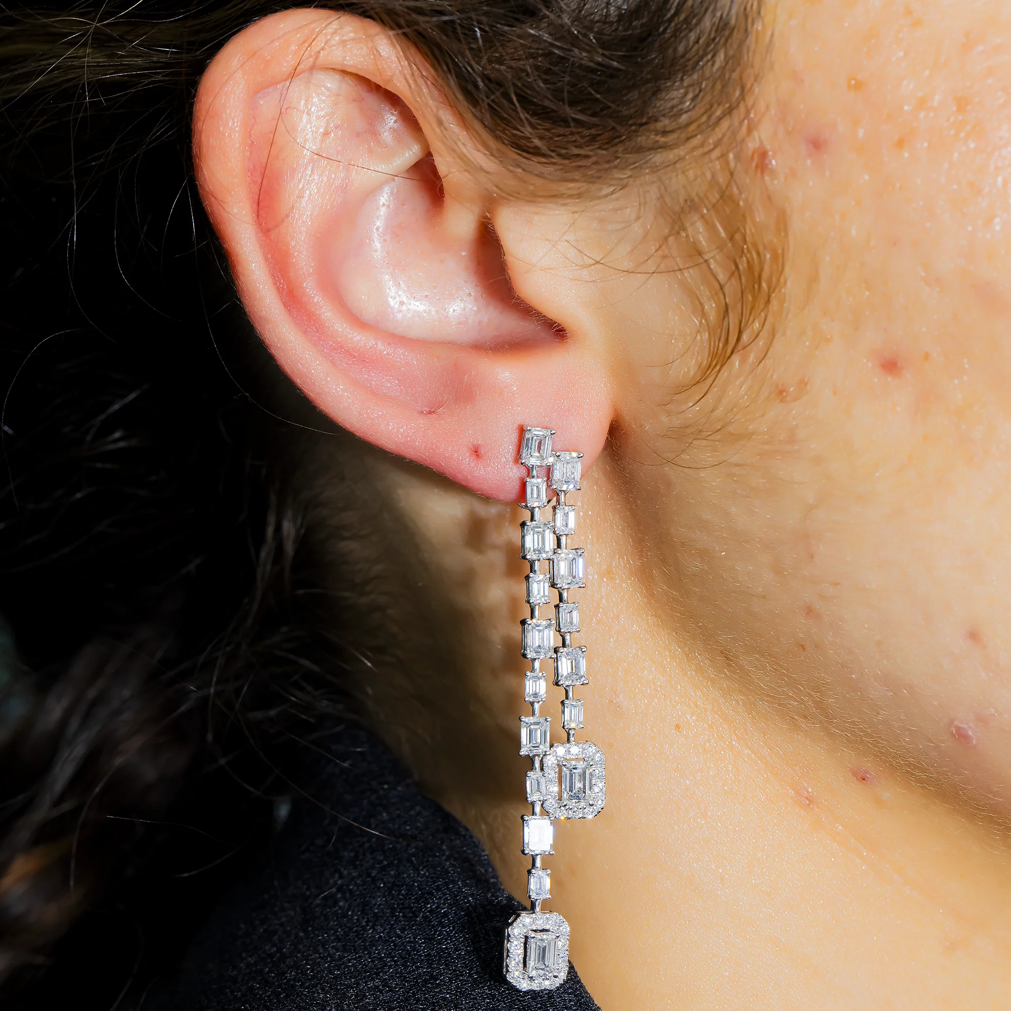 White Gold Emerald & Round Diamond Drop Earrings 7.47ctw - Image 2
