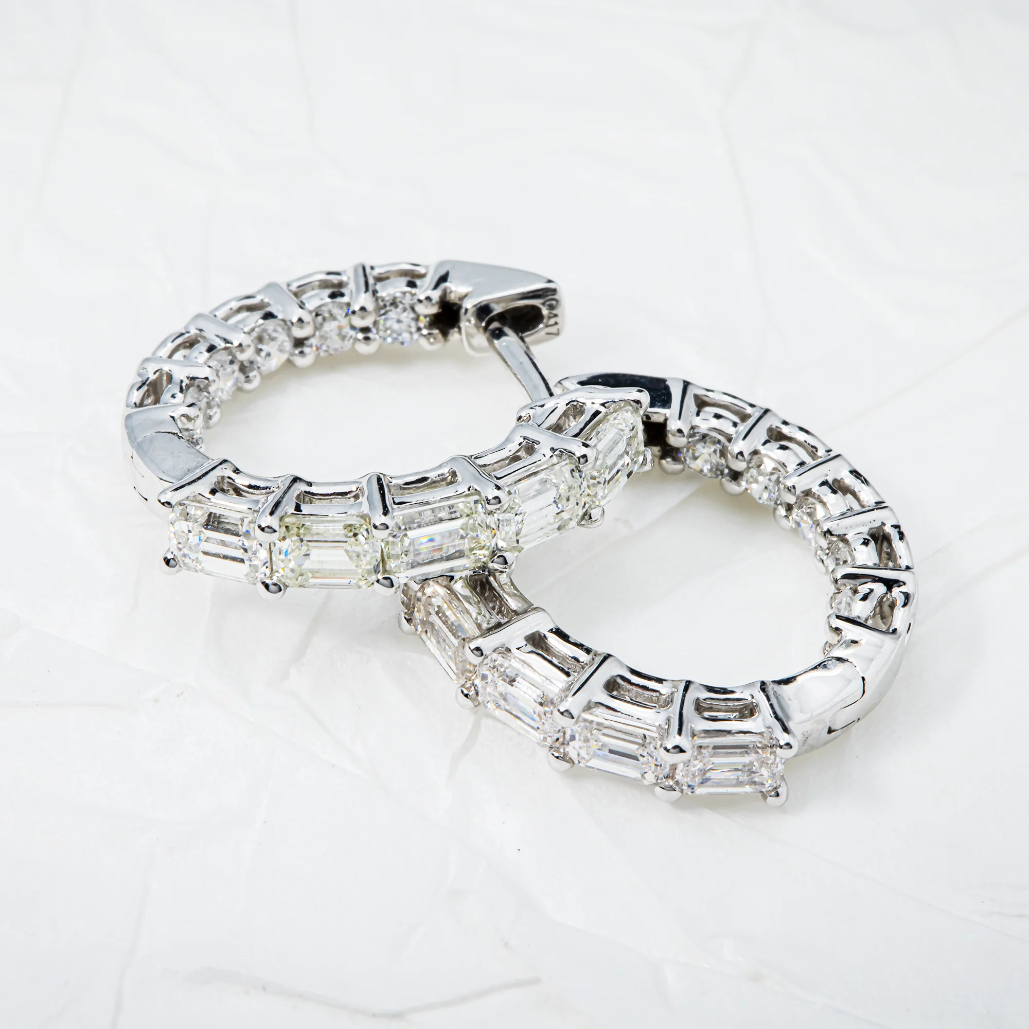 White Gold Emerald & Round Diamond Inside Out Hoop Earrings 1.30ctw - Image 3
