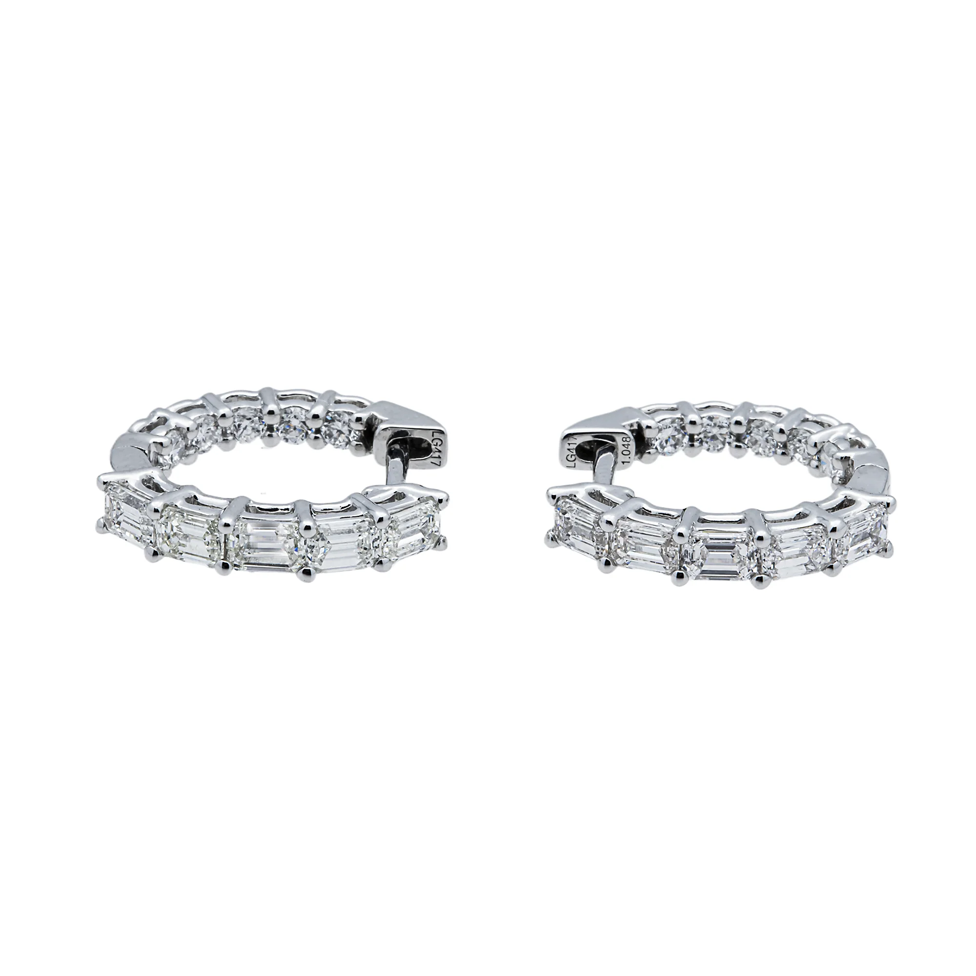 White Gold Emerald & Round Diamond Inside Out Hoop Earrings 1.30ctw - Image 4