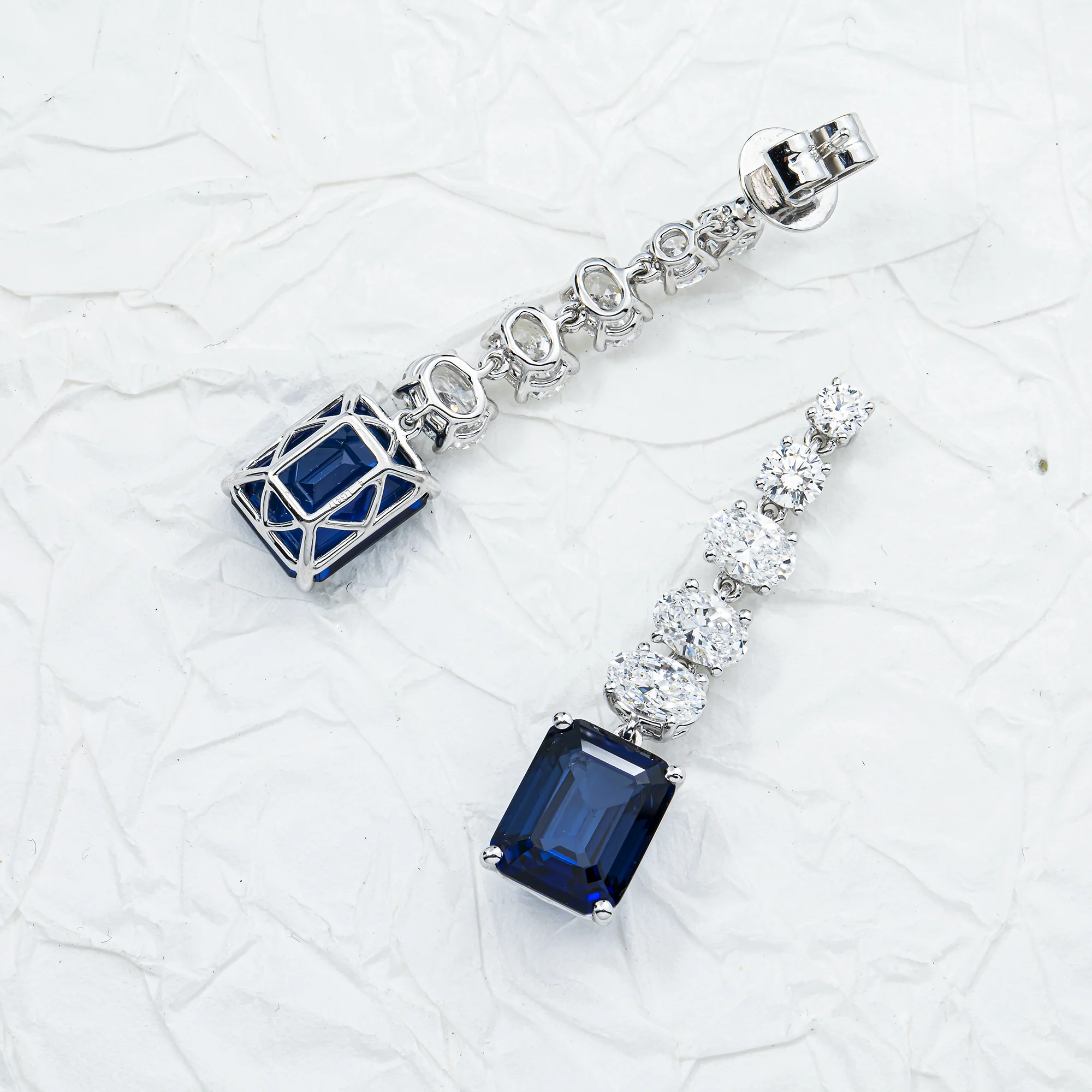 White Gold Emerald Sapphire & Multi Cut Diamond Drop Earrings 11.27ctw - Image 2