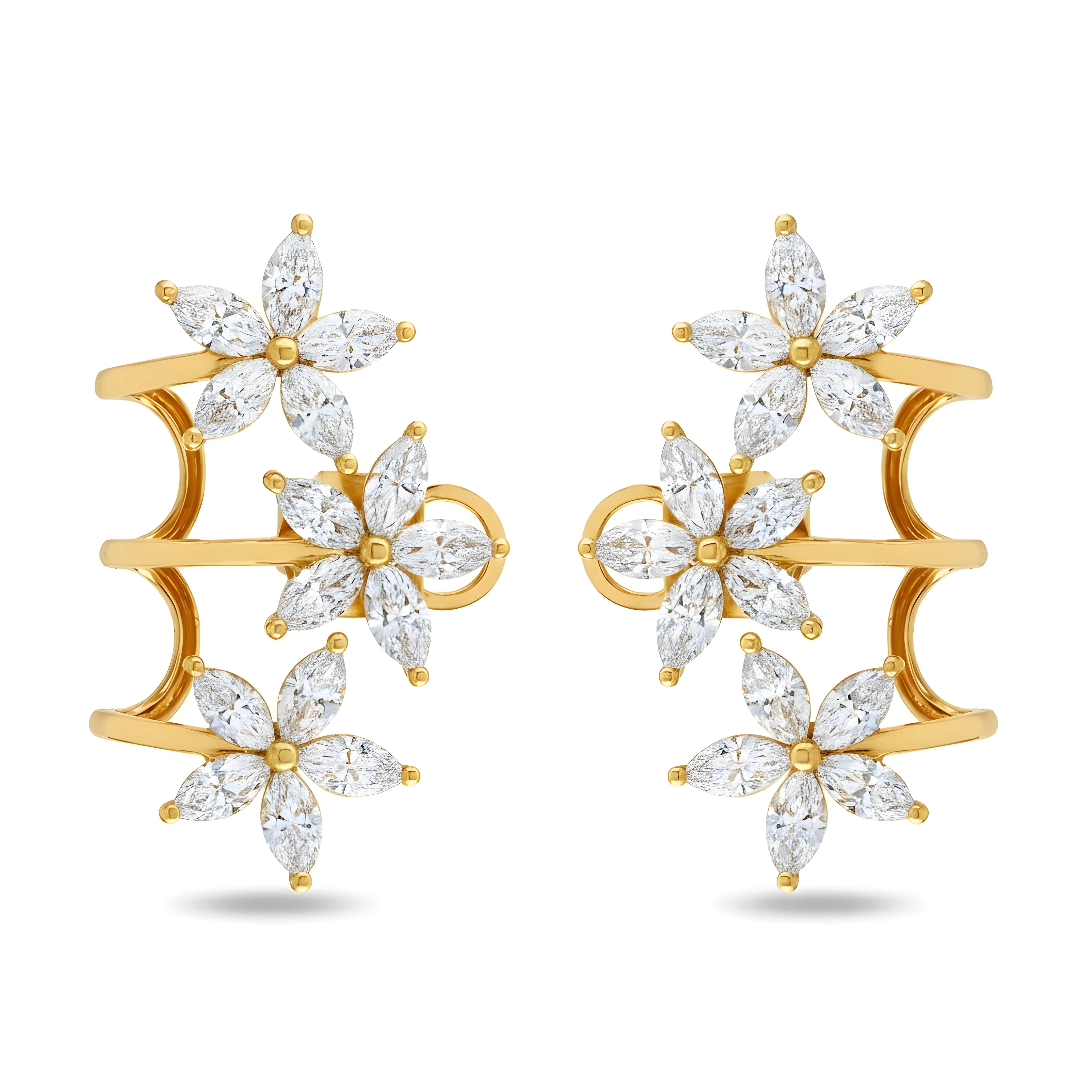White Gold Marquise Cut Diamond Flower Climber Earrings 3.78ctw - Image 4