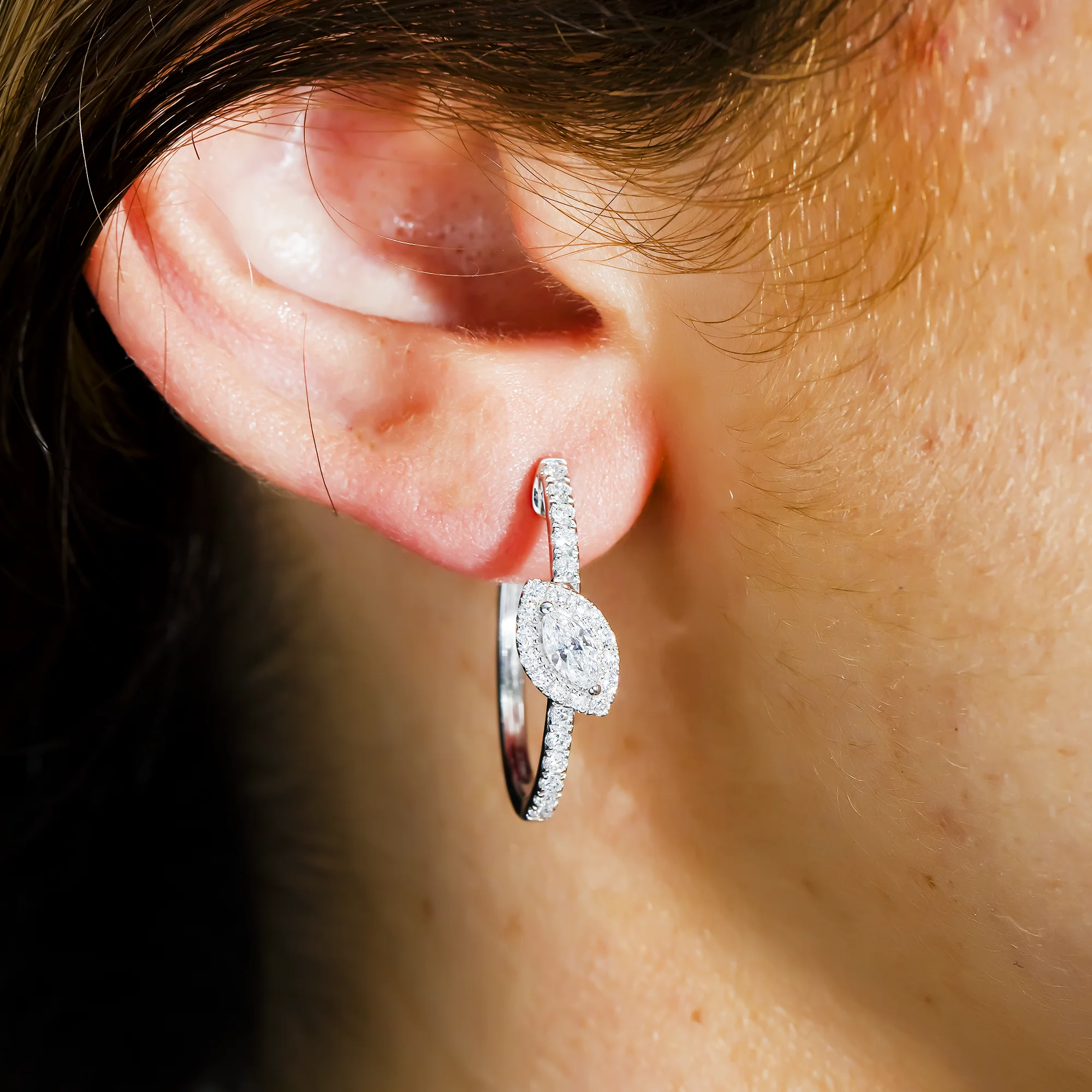 White Gold Marquise & Round Diamond Mini Hoop Earrings 0.95ctw - Image 2