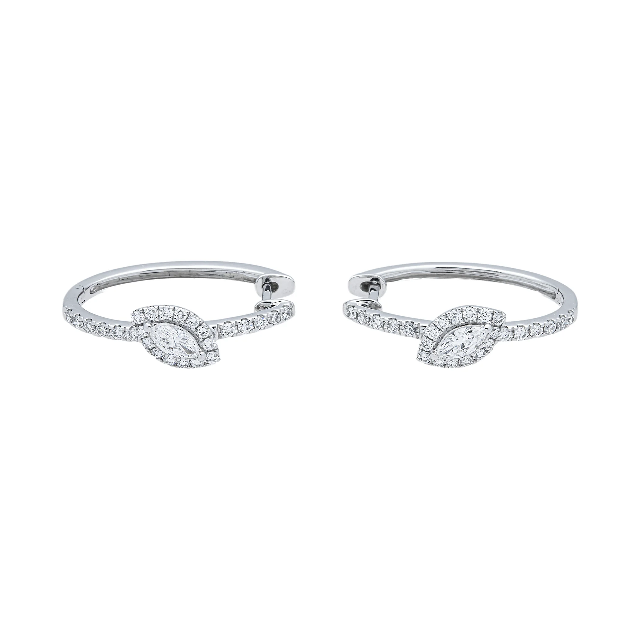White Gold Marquise & Round Diamond Mini Hoop Earrings 0.95ctw - Image 3