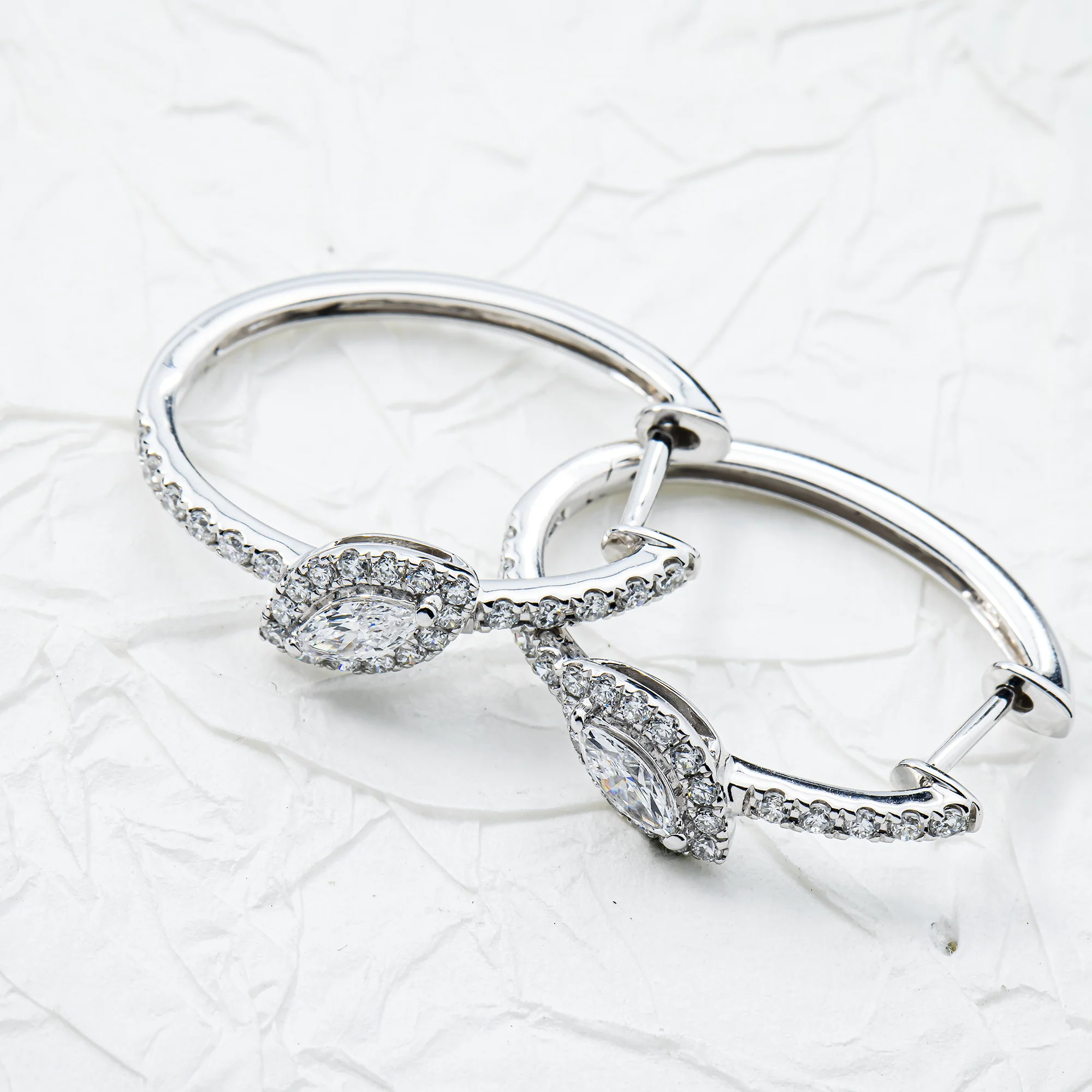 White Gold Marquise & Round Diamond Mini Hoop Earrings 0.95ctw - Image 4