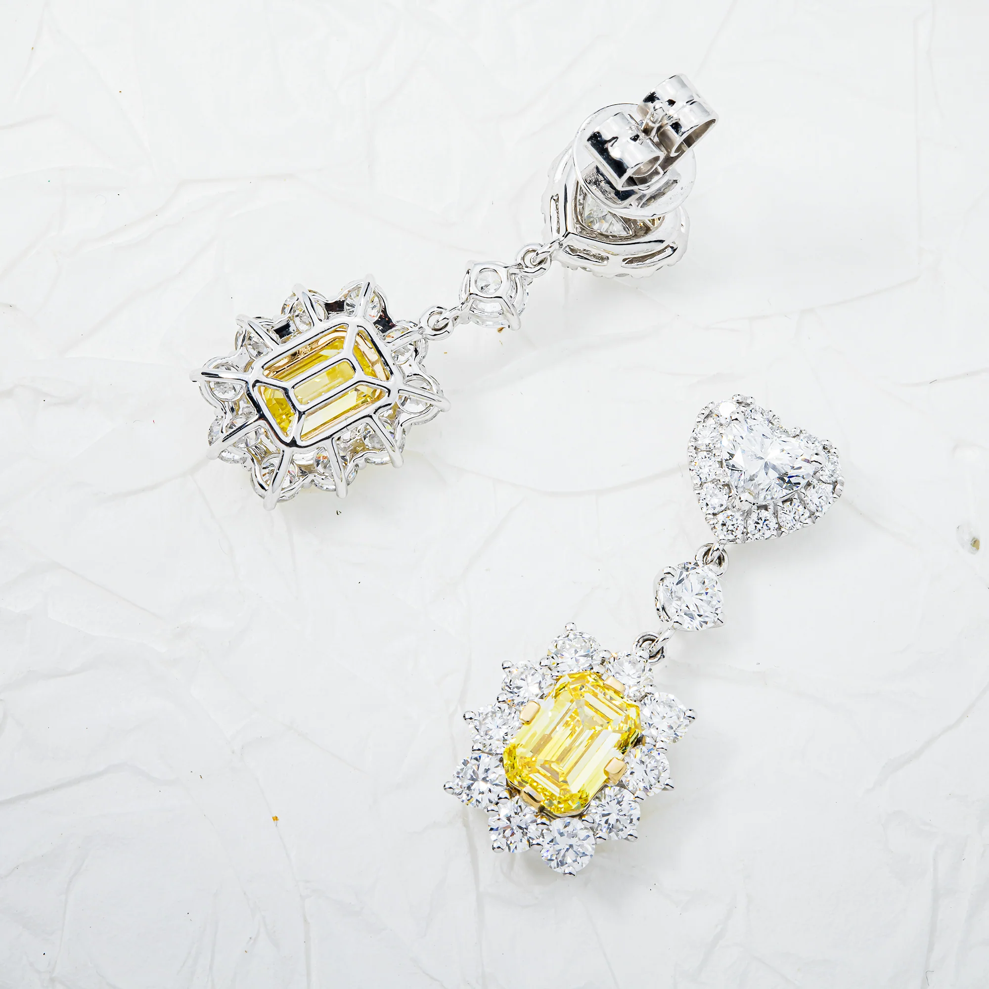 White Gold Multi Shape Fancy Yellow & White Diamond Drop Earrings 4.95ctw - Image 3