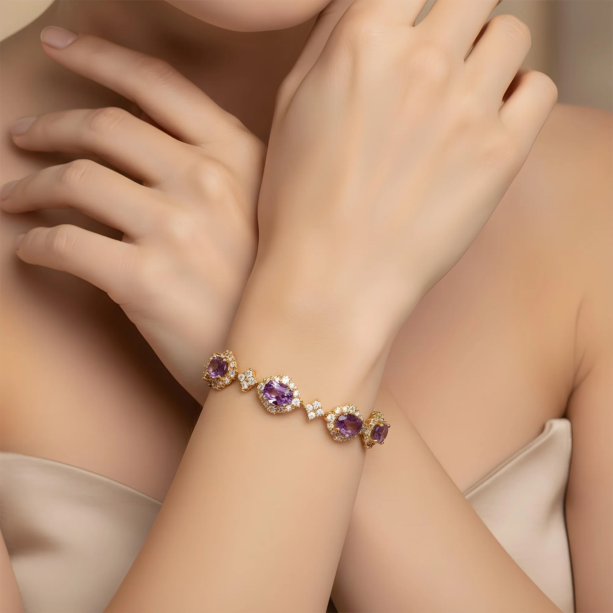 White Gold Oval Cut Amethyst & Round Diamond Bracelet 14.61ct - Image 6