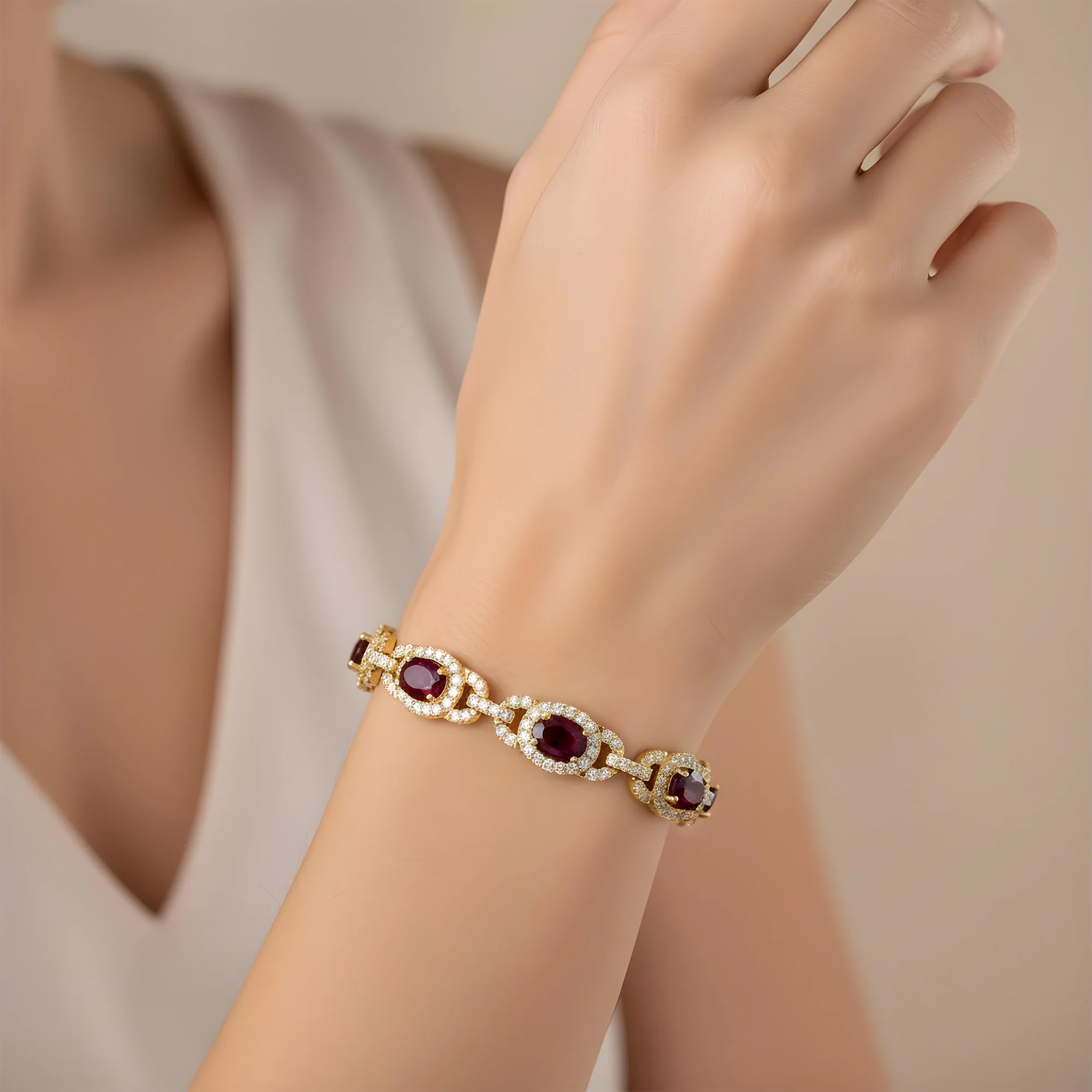 White Gold Oval Cut Ruby & Round Diamond Bracelet 13.96ct - Image 6