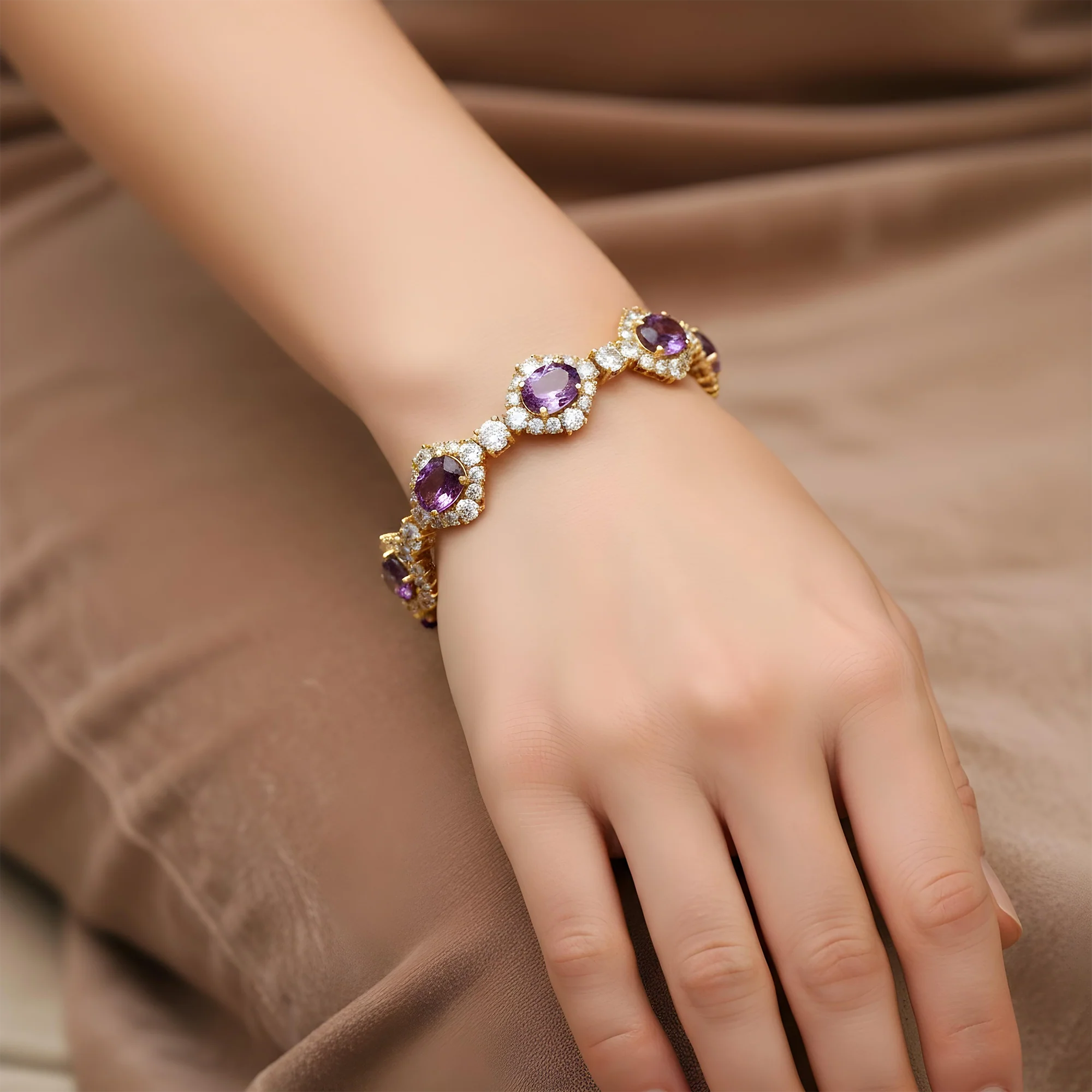 White Gold Oval Cut Amethyst & Round Diamond Bracelet 27.42ct - Image 6