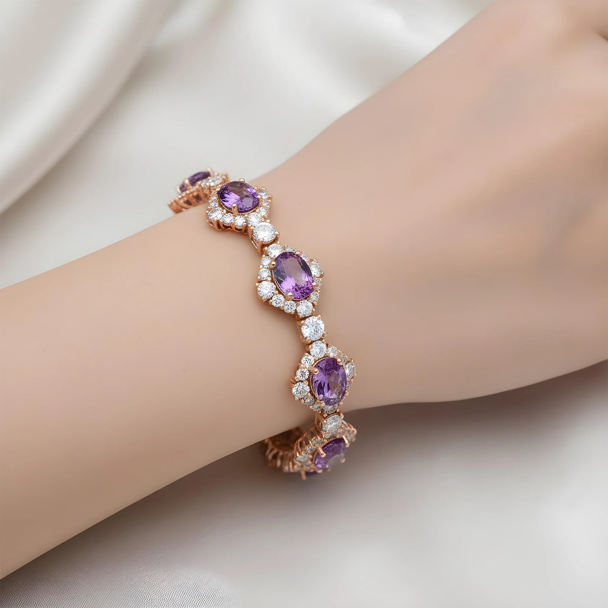 White Gold Oval Cut Amethyst & Round Diamond Bracelet 27.42ct - Image 8