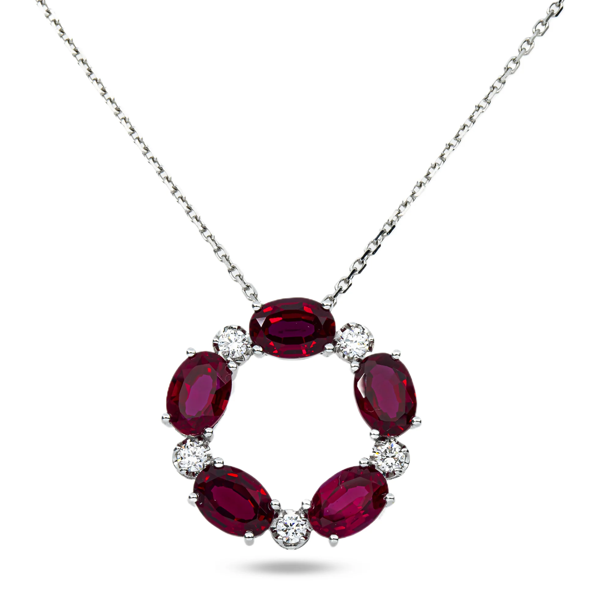 White Gold Oval Cut Ruby & Round Diamond Karma Circle Drop Necklace 5.89ct