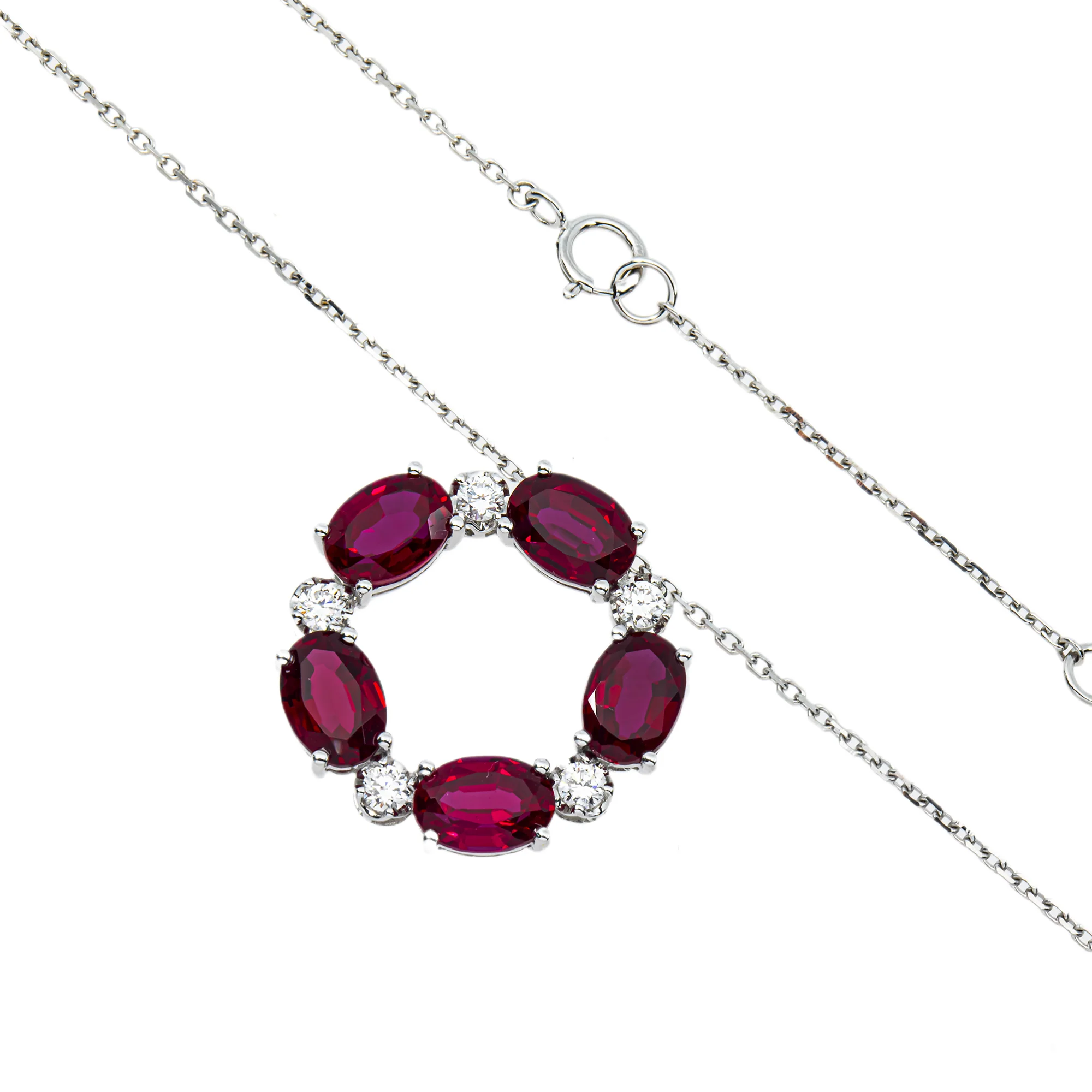 White Gold Oval Cut Ruby & Round Diamond Karma Circle Drop Necklace 5.89ct - Image 3