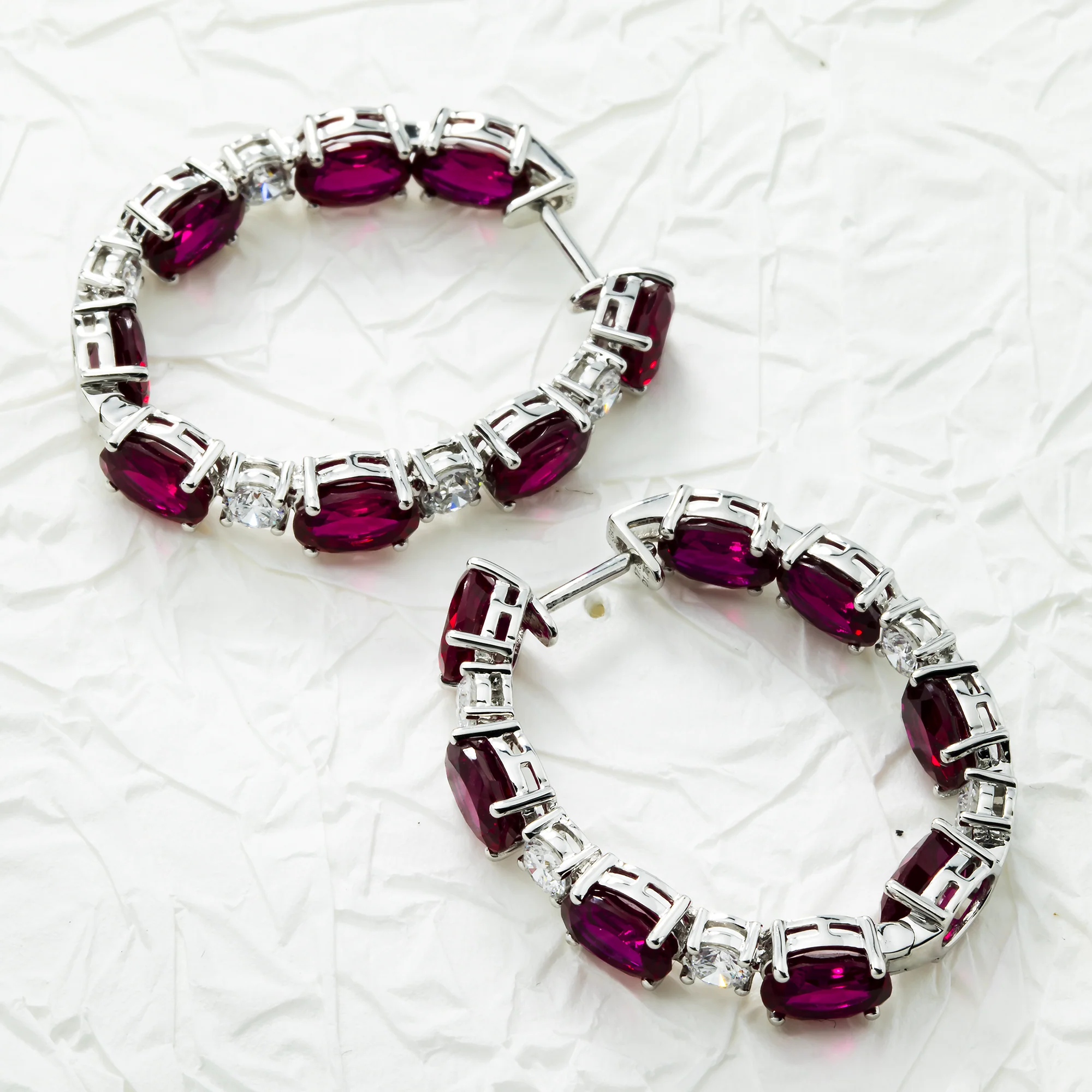 White Gold Oval Ruby & Round Diamond Inside Out Hoop Earrings - Image 3