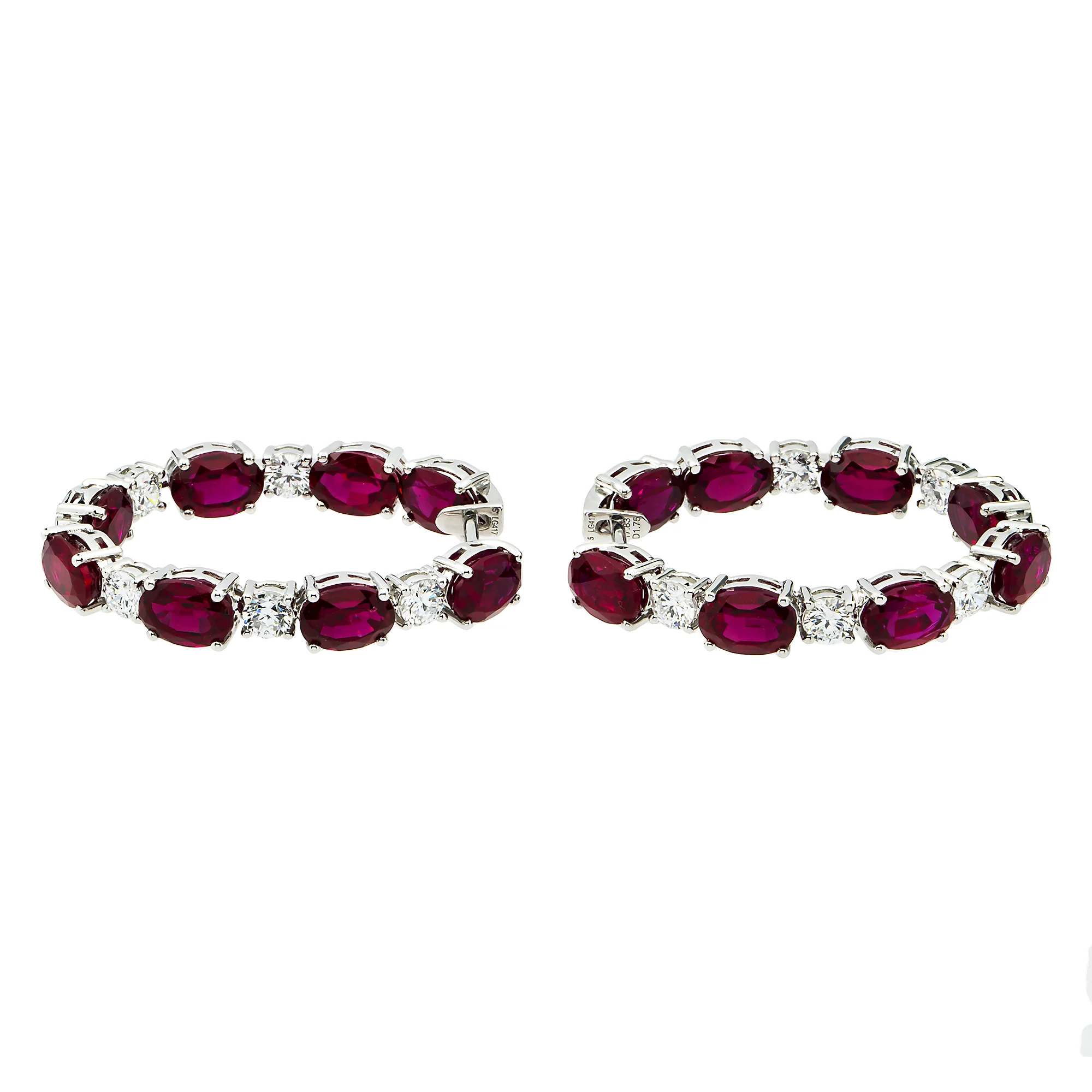 White Gold Oval Ruby & Round Diamond Inside Out Hoop Earrings - Image 4