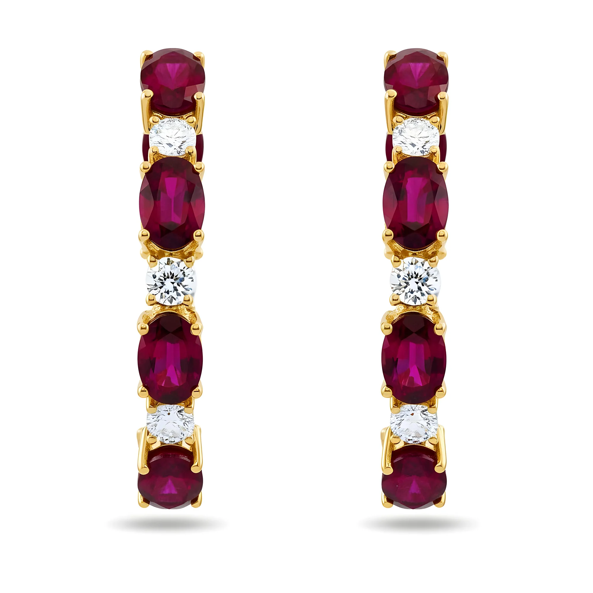 White Gold Oval Ruby & Round Diamond Inside Out Hoop Earrings - Image 5