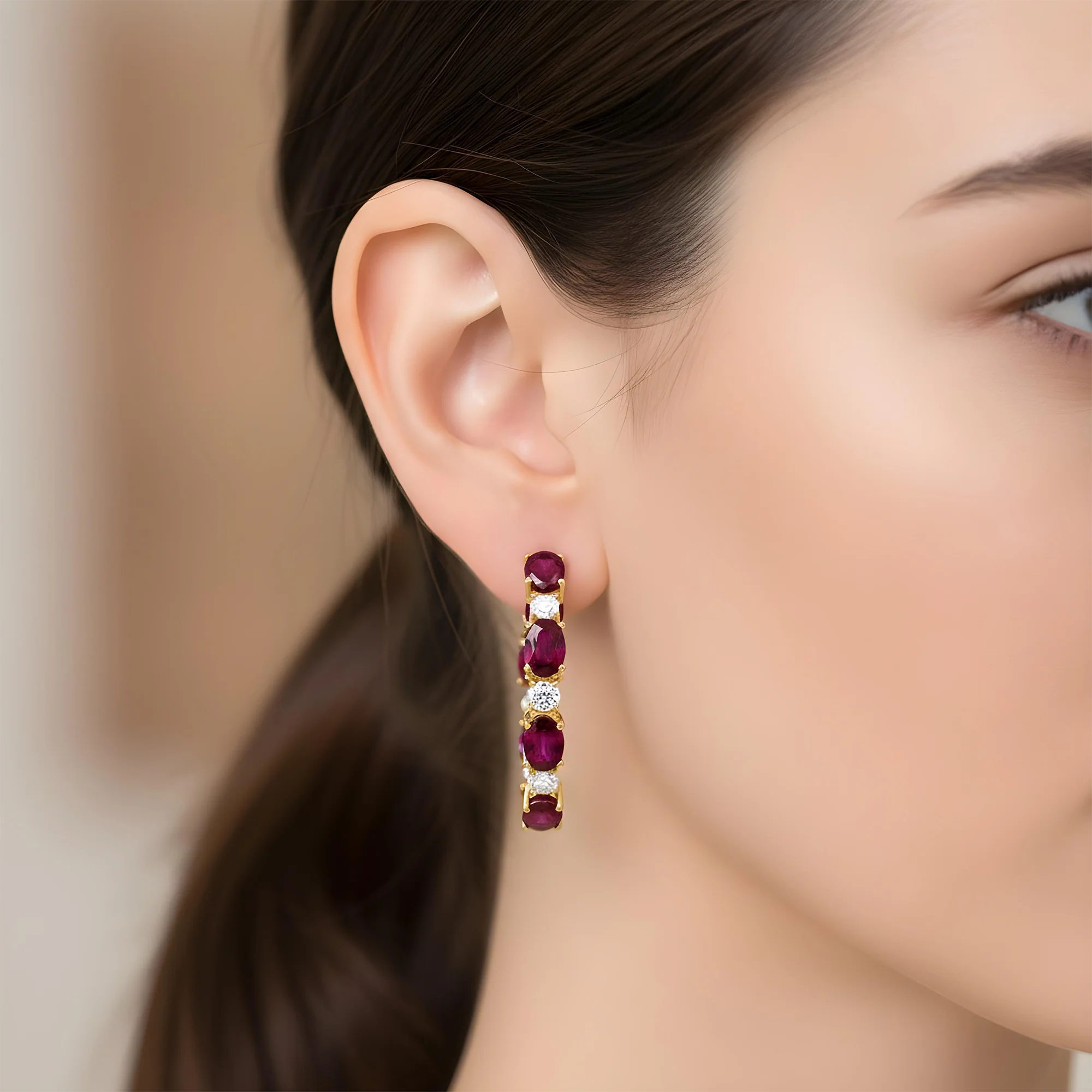 White Gold Oval Ruby & Round Diamond Inside Out Hoop Earrings - Image 6