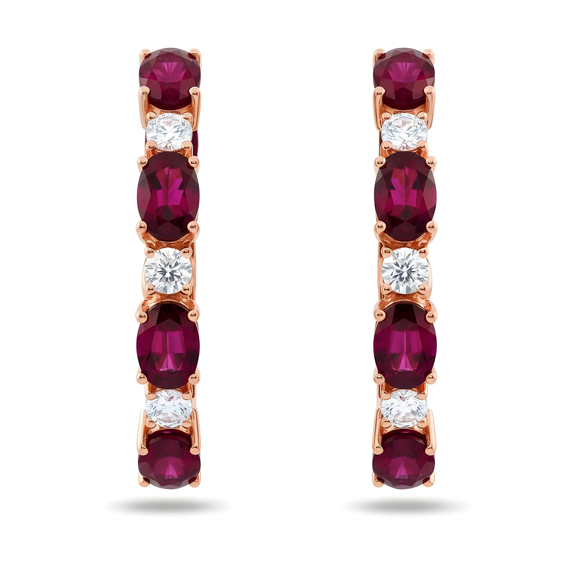White Gold Oval Ruby & Round Diamond Inside Out Hoop Earrings - Image 7