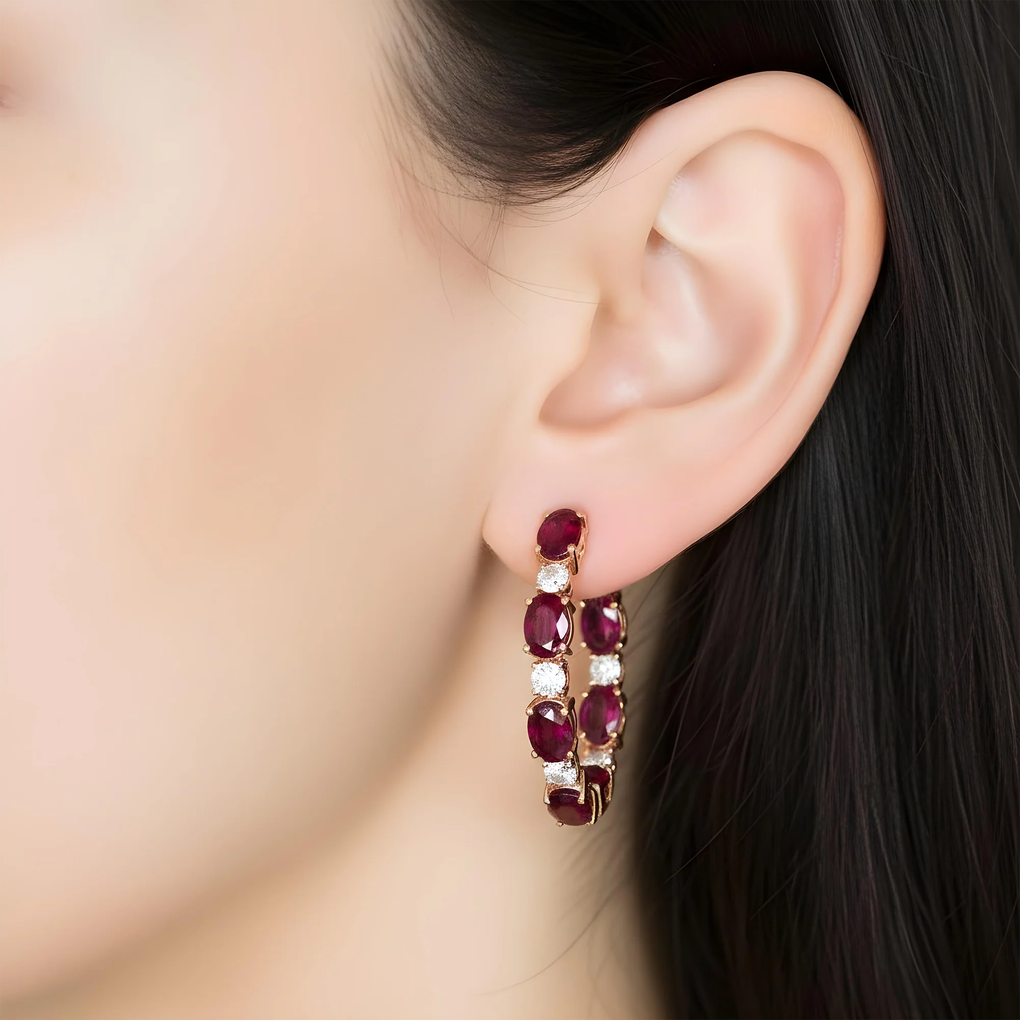White Gold Oval Ruby & Round Diamond Inside Out Hoop Earrings - Image 8