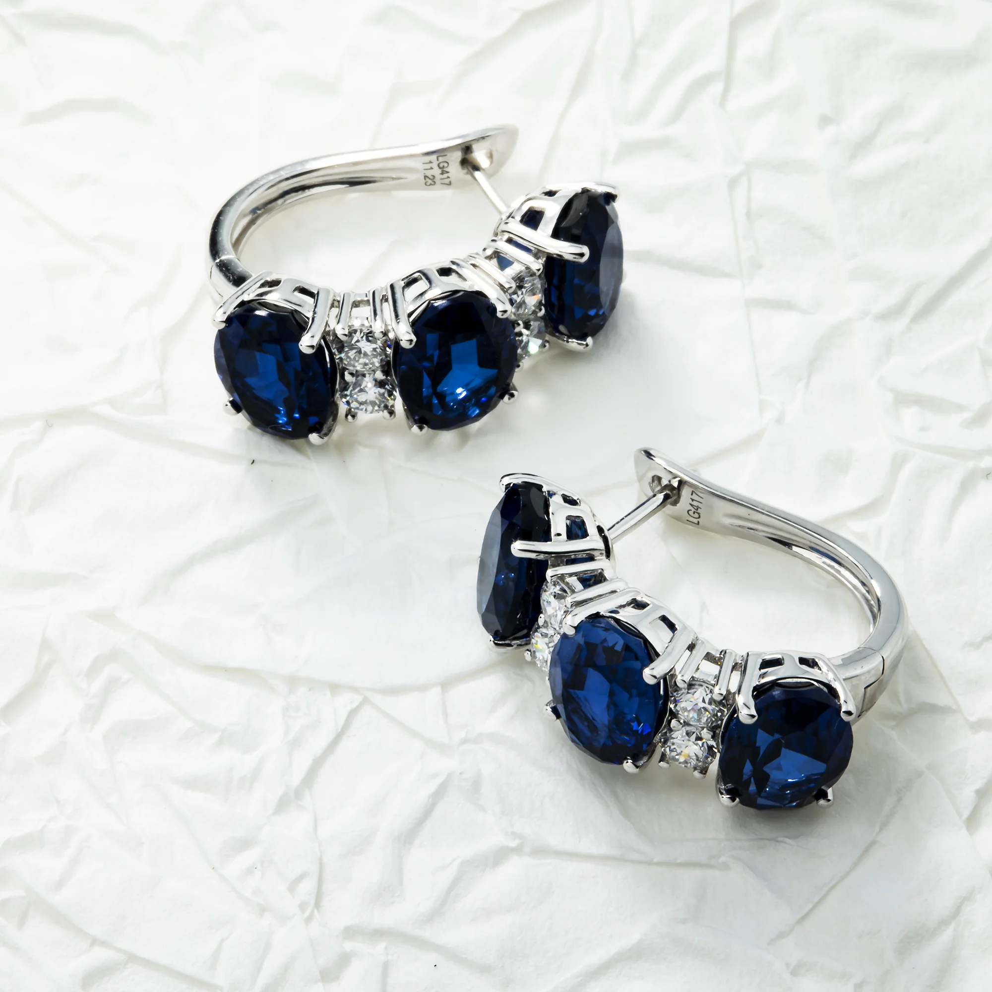 White Gold Oval Sapphire & Round Diamond Half Hoop Earrings - Image 3