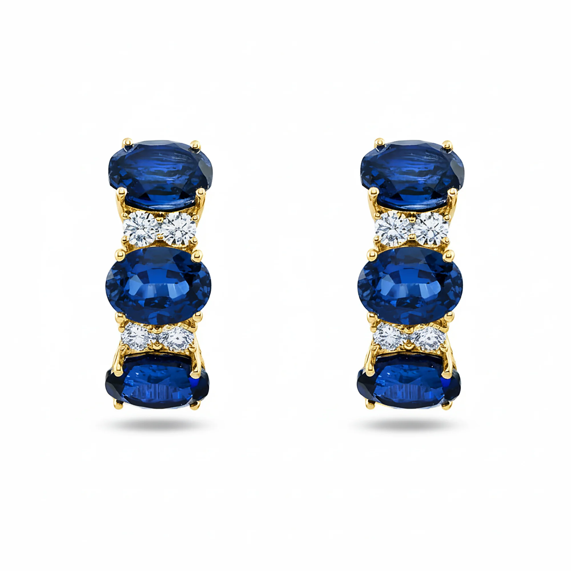 White Gold Oval Sapphire & Round Diamond Half Hoop Earrings - Image 4