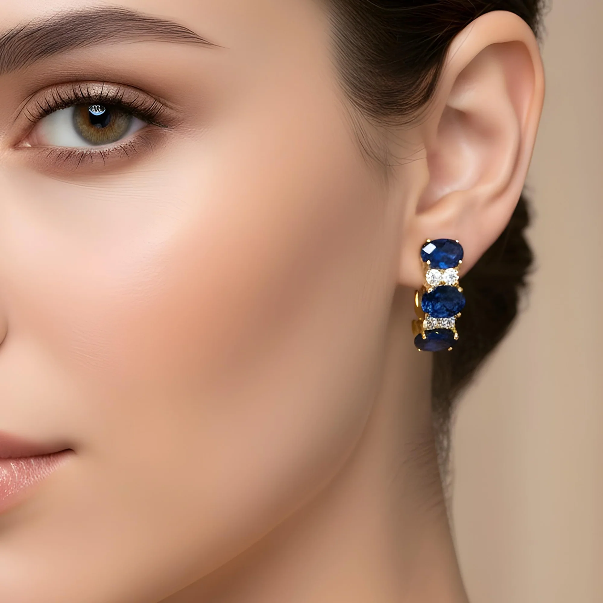 White Gold Oval Sapphire & Round Diamond Half Hoop Earrings - Image 5