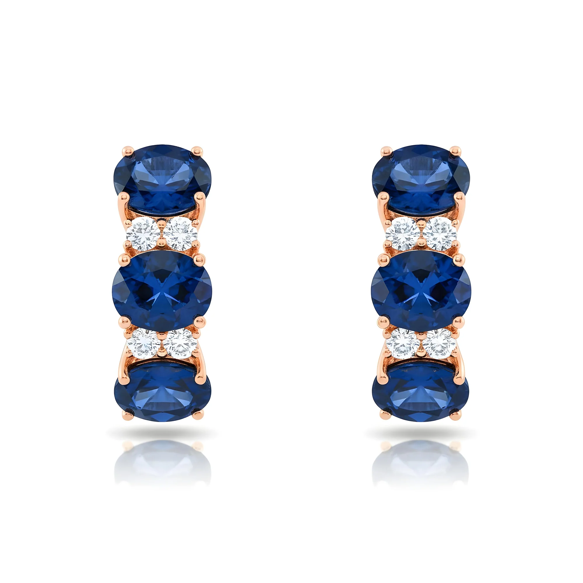 White Gold Oval Sapphire & Round Diamond Half Hoop Earrings - Image 6