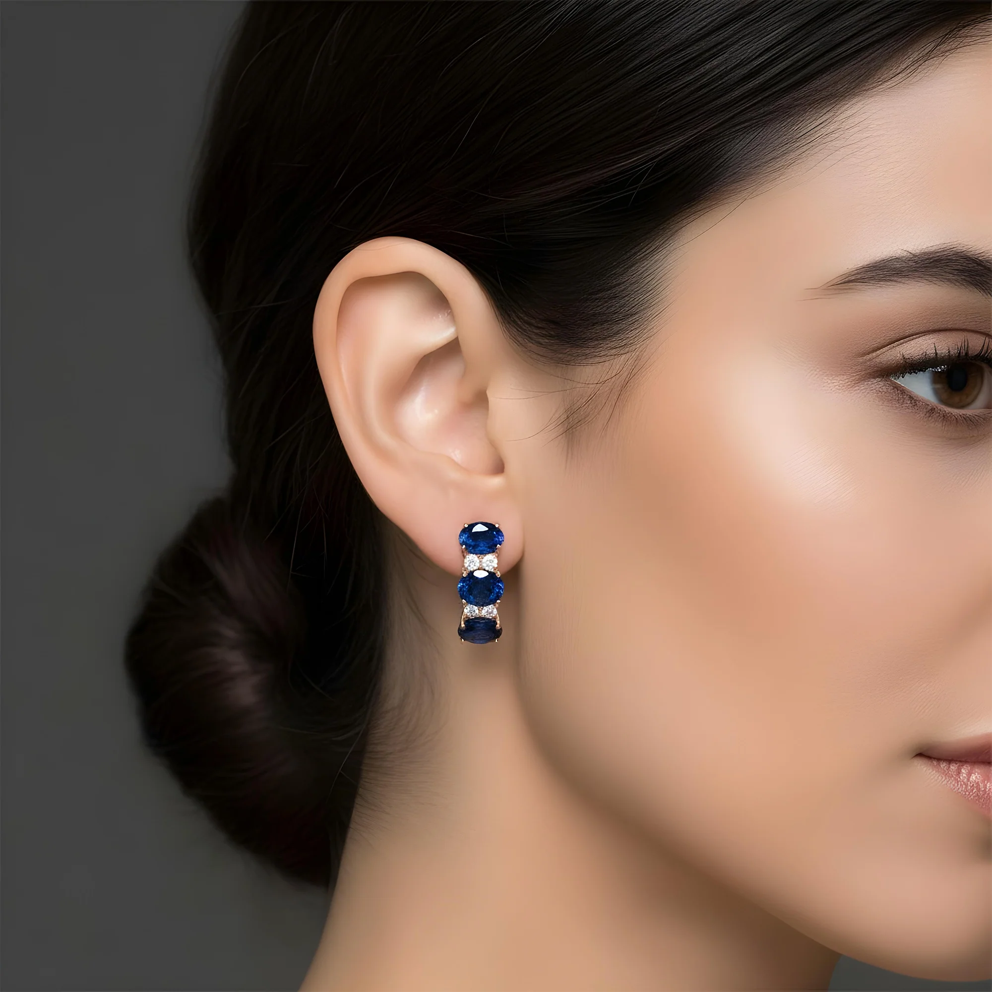 White Gold Oval Sapphire & Round Diamond Half Hoop Earrings - Image 7
