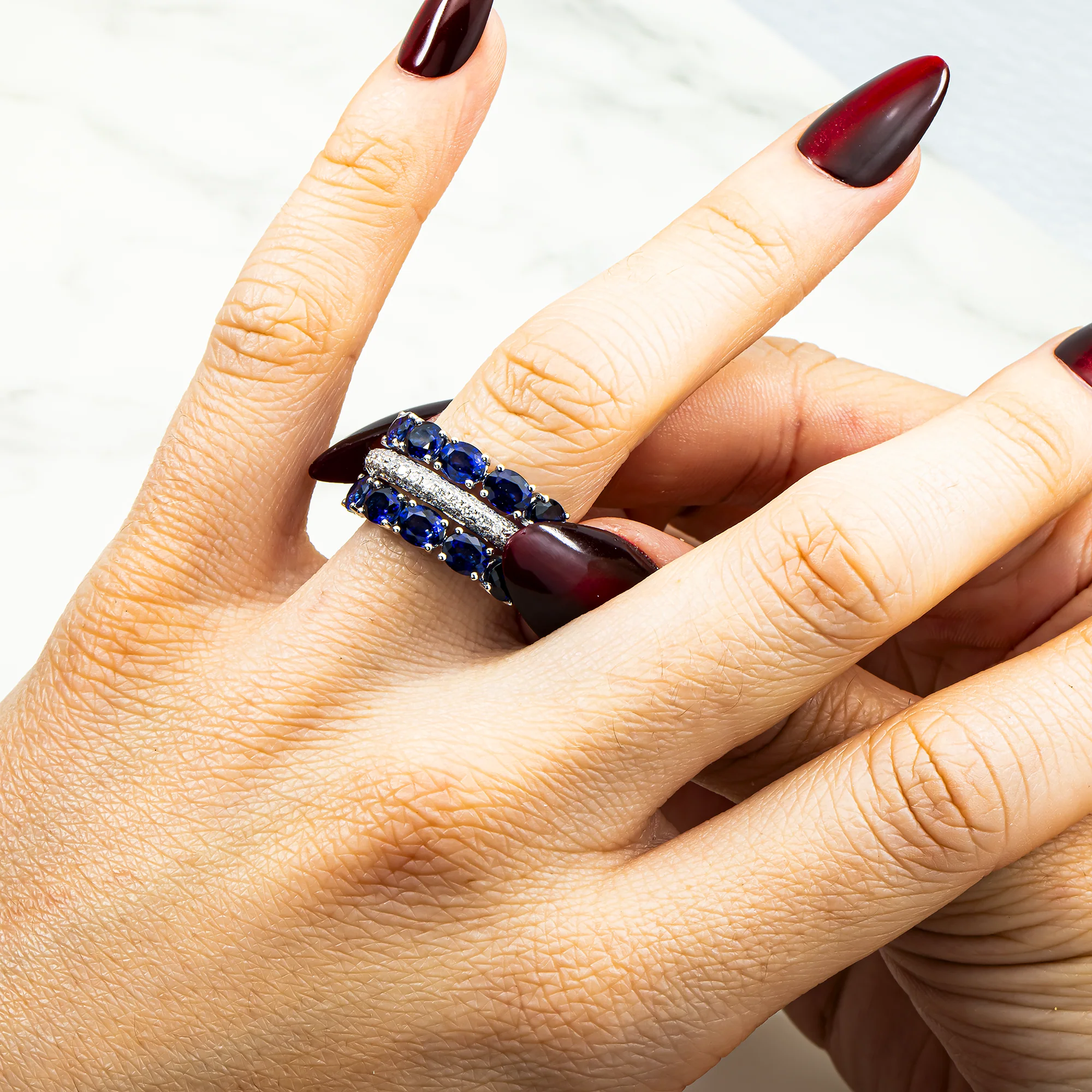 White Gold Oval Sapphire & Round Diamond Ring 6.36ctw - Image 2