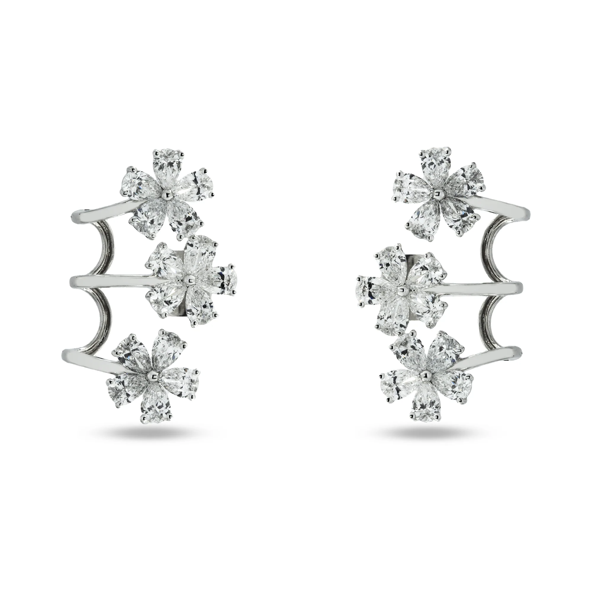White Gold Pear Cut Diamond Flower Climber Earrings 4.10ctw