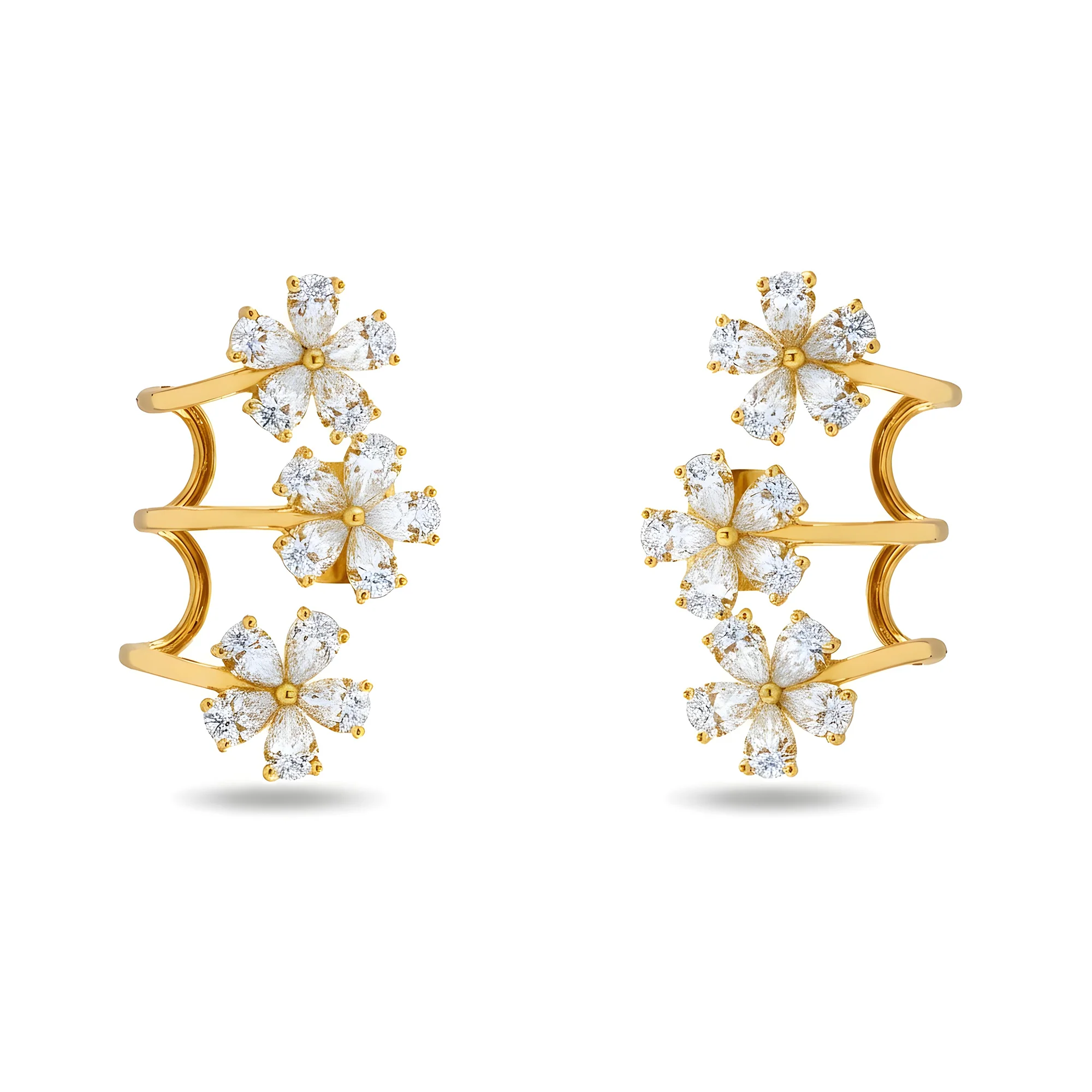 White Gold Pear Cut Diamond Flower Climber Earrings 4.10ctw - Image 4
