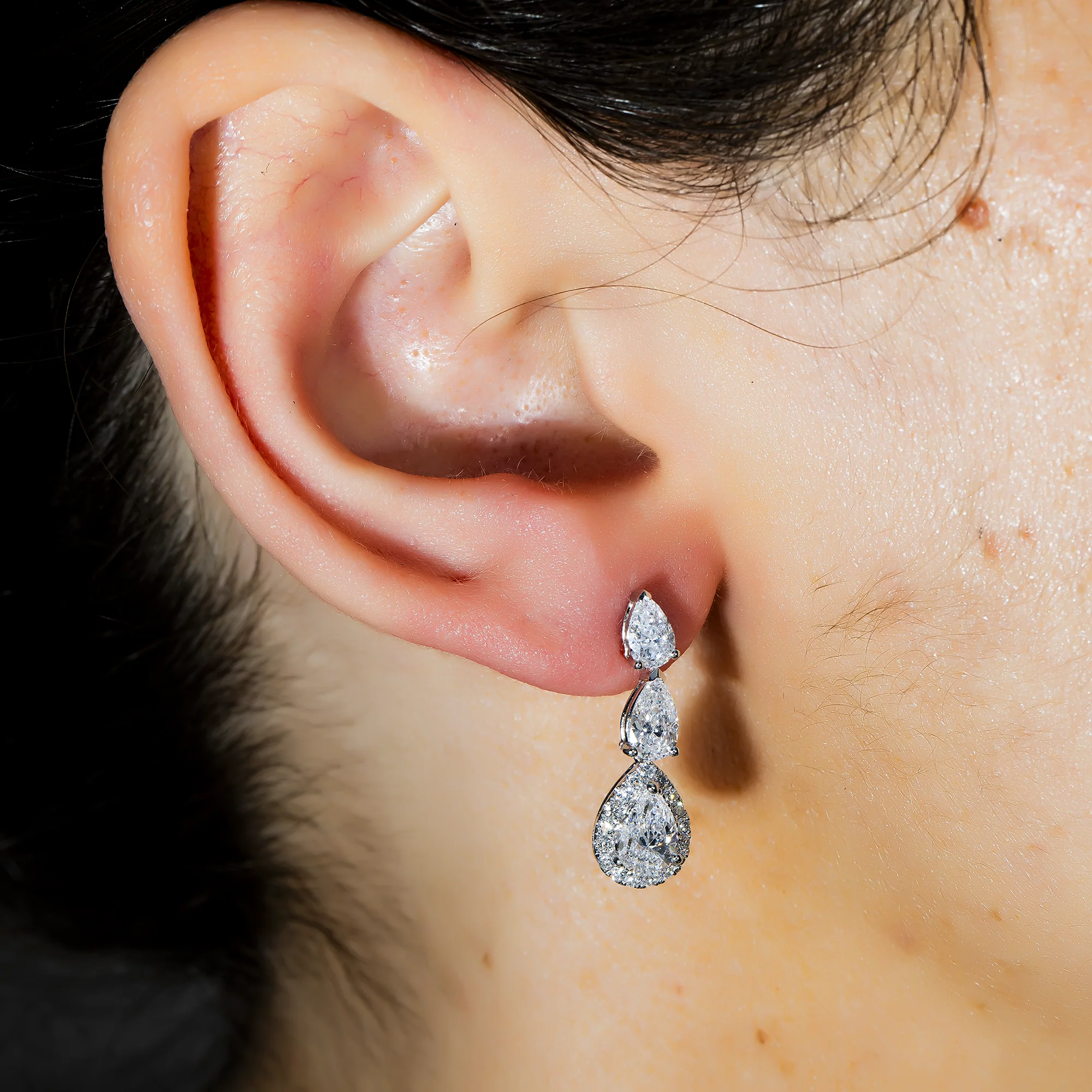 White Gold Pear Cut Diamond Triple Tier Drop Earrings 2.74ctw - Image 2