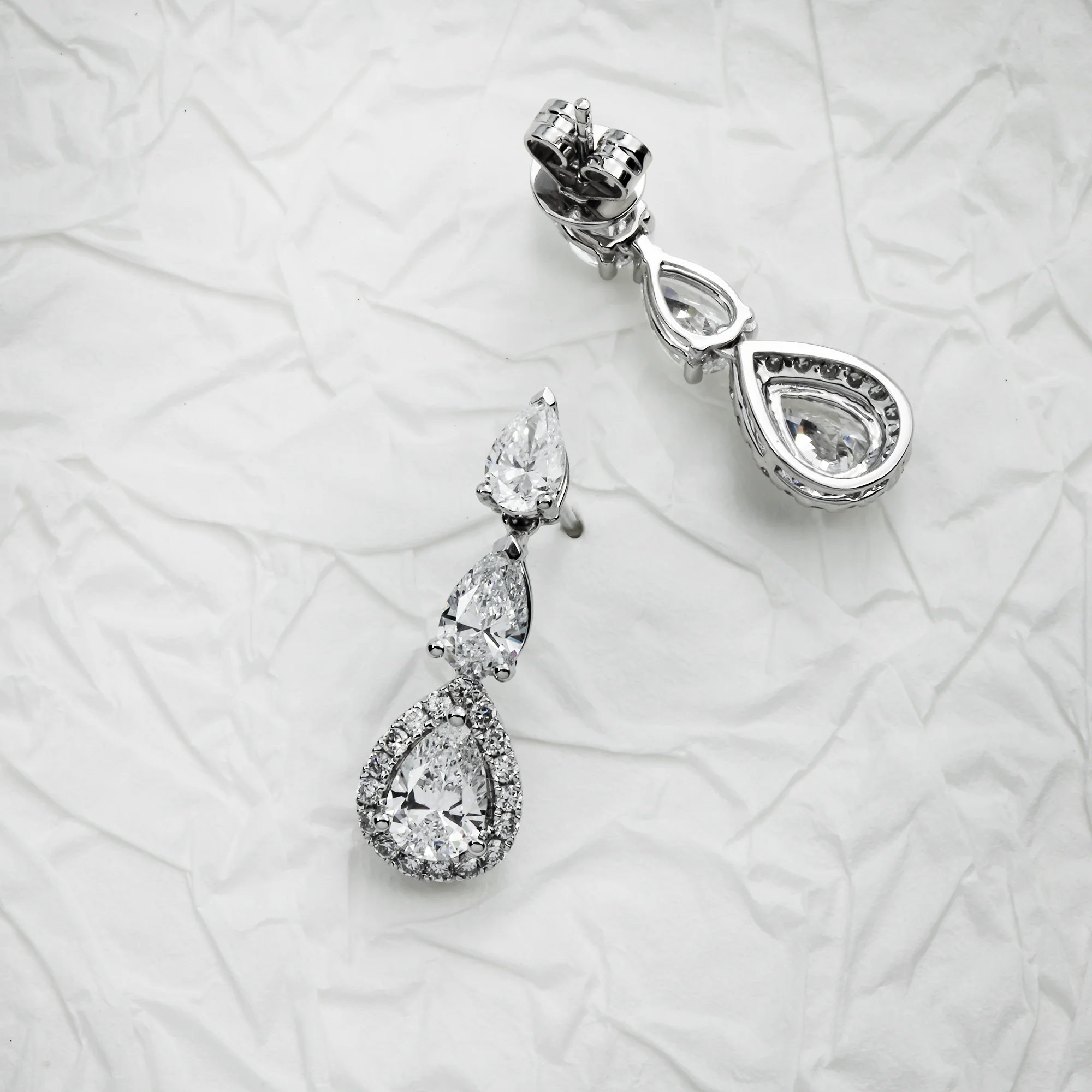White Gold Pear Cut Diamond Triple Tier Drop Earrings 2.74ctw - Image 3