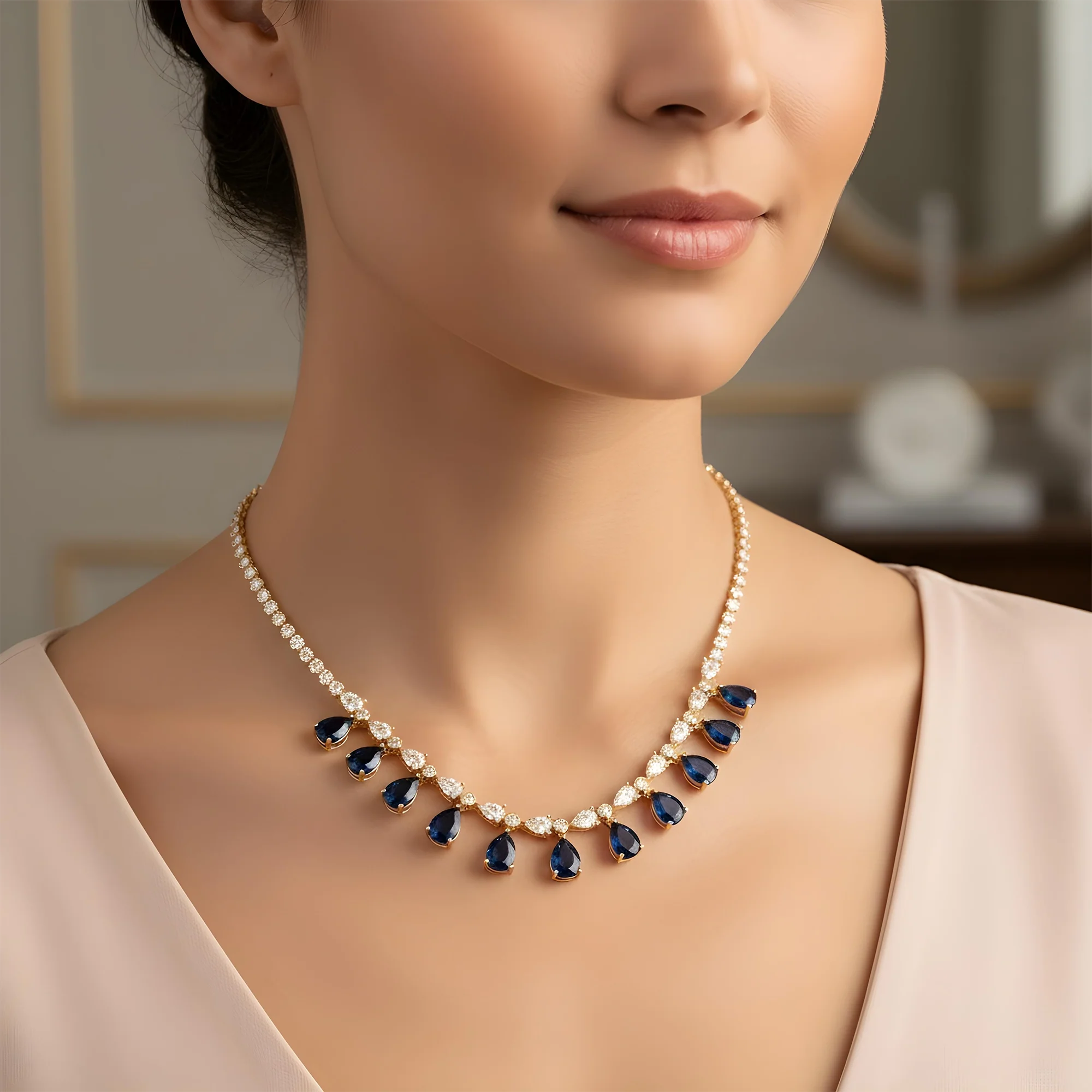 White Gold Pear Cut Sapphire & Diamond Necklace 13.18ct - Image 6