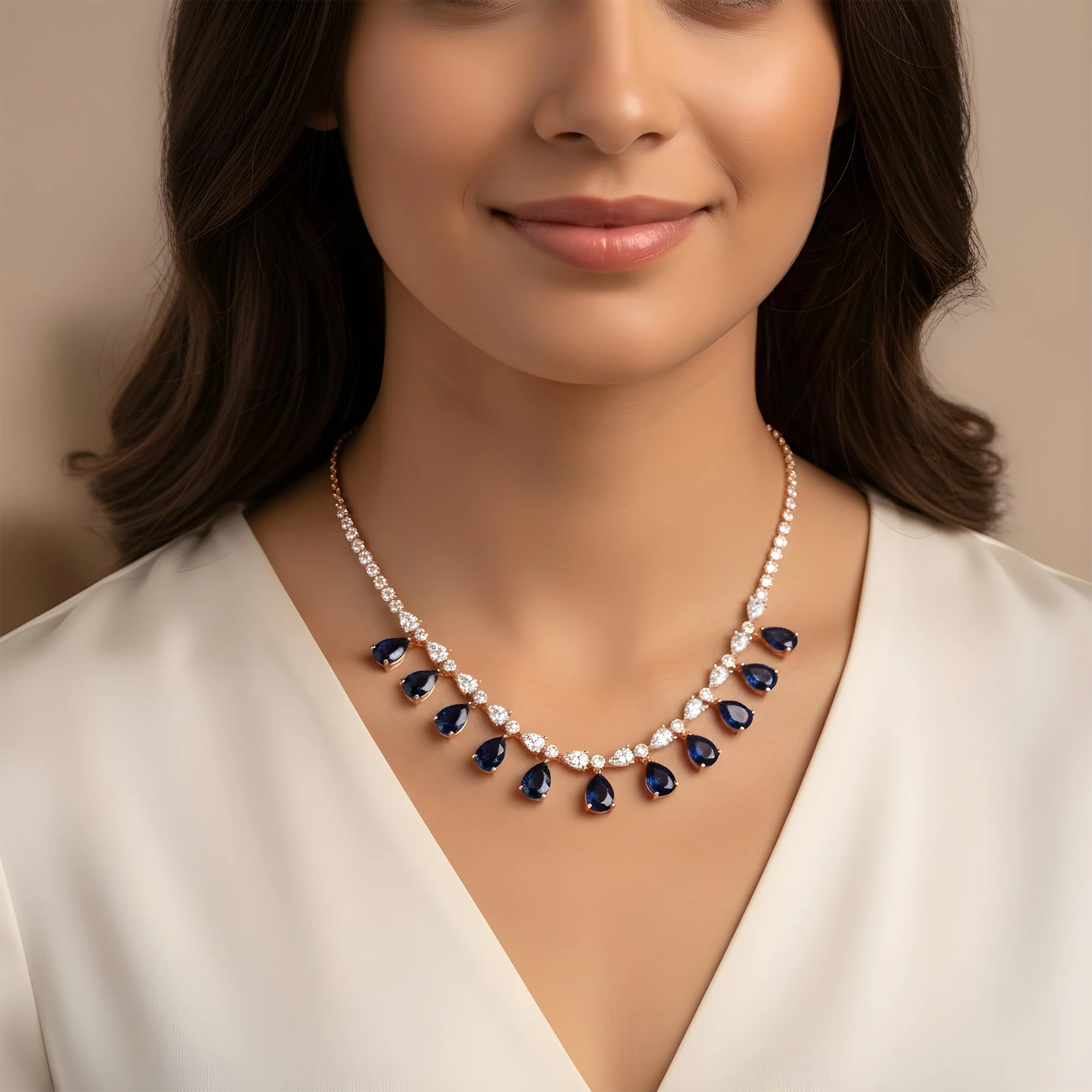 White Gold Pear Cut Sapphire & Diamond Necklace 13.18ct - Image 8