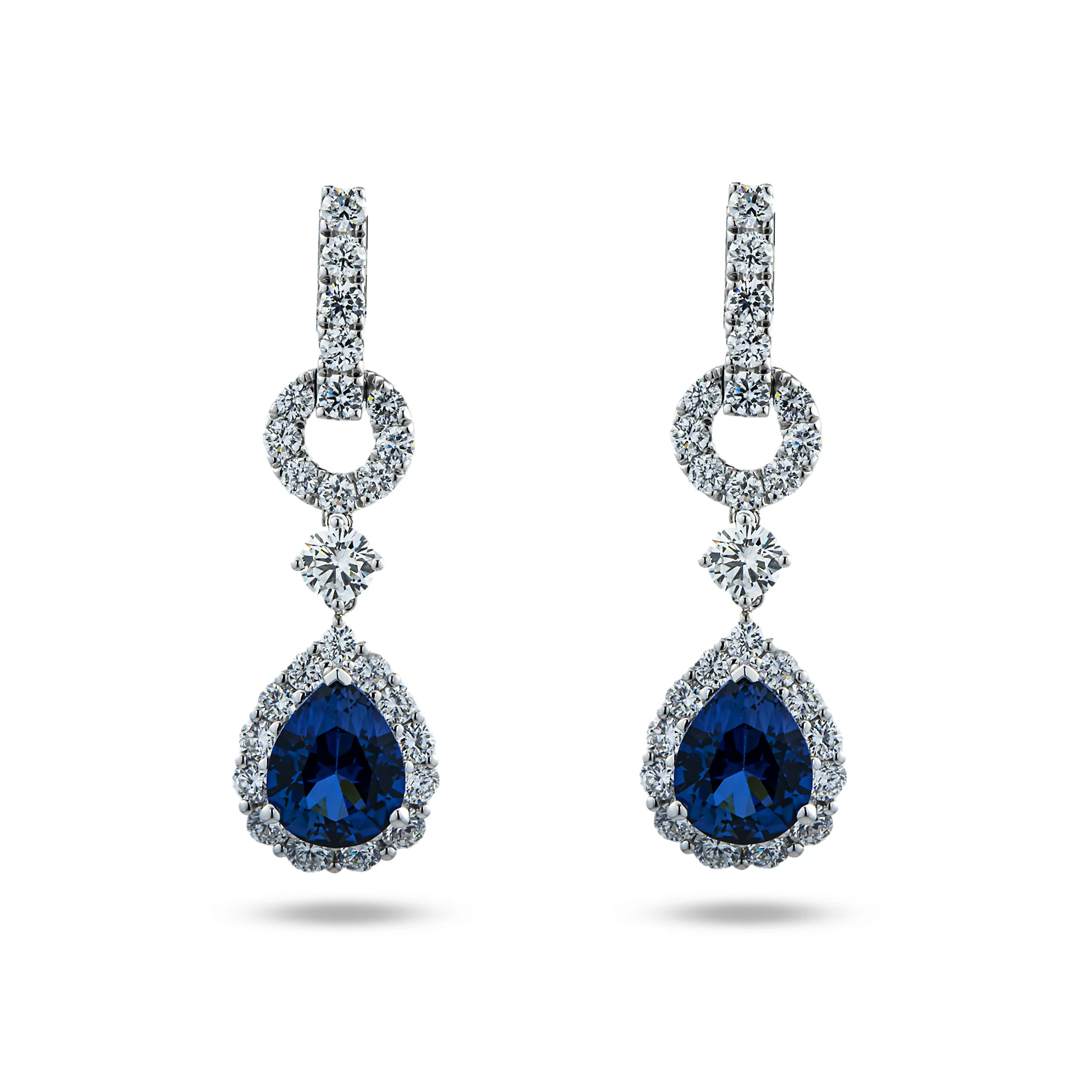 White Gold Pear Cut Sapphire & Round Diamond Drop Earrings 6.50ctw