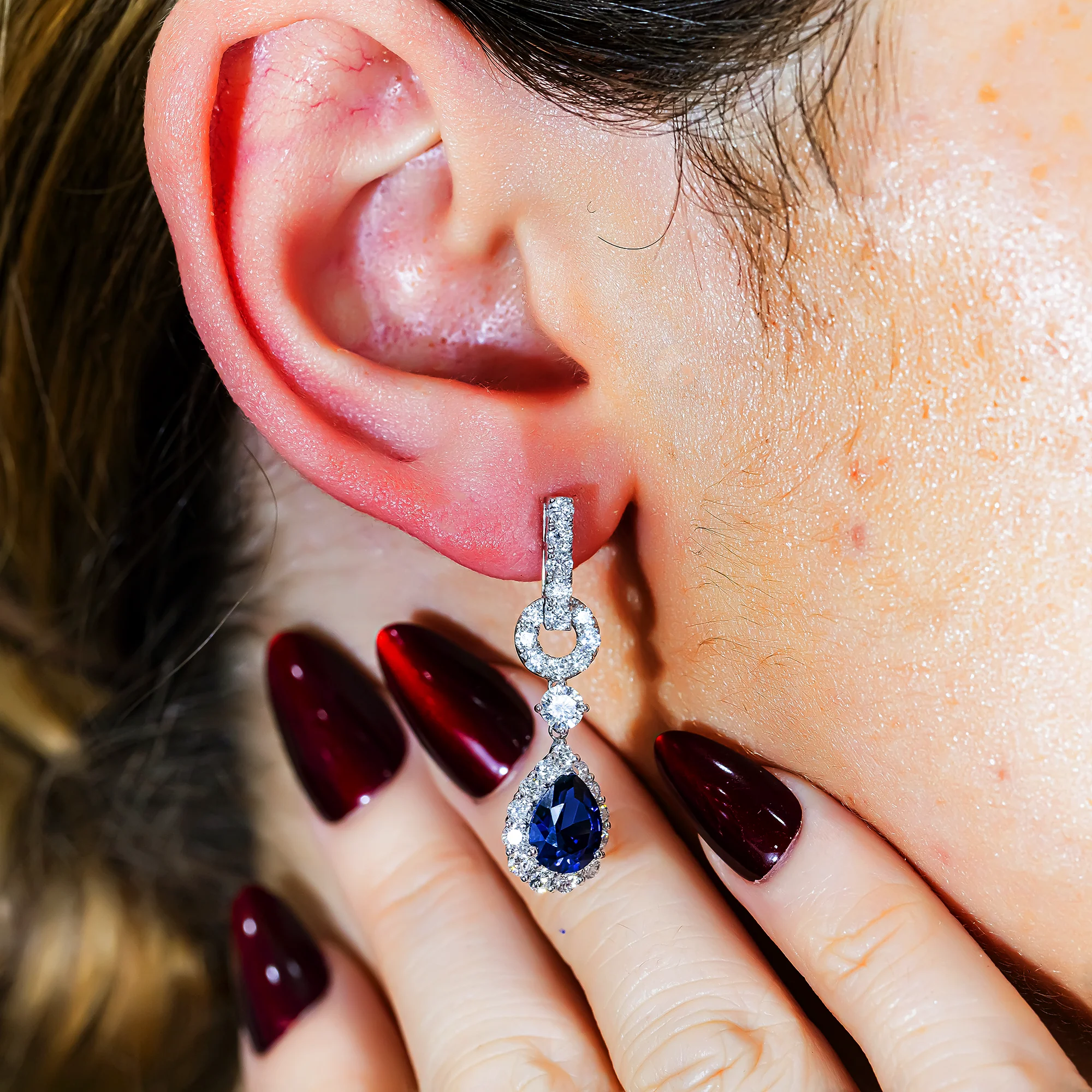 White Gold Pear Cut Sapphire & Round Diamond Drop Earrings 6.50ctw - Image 2