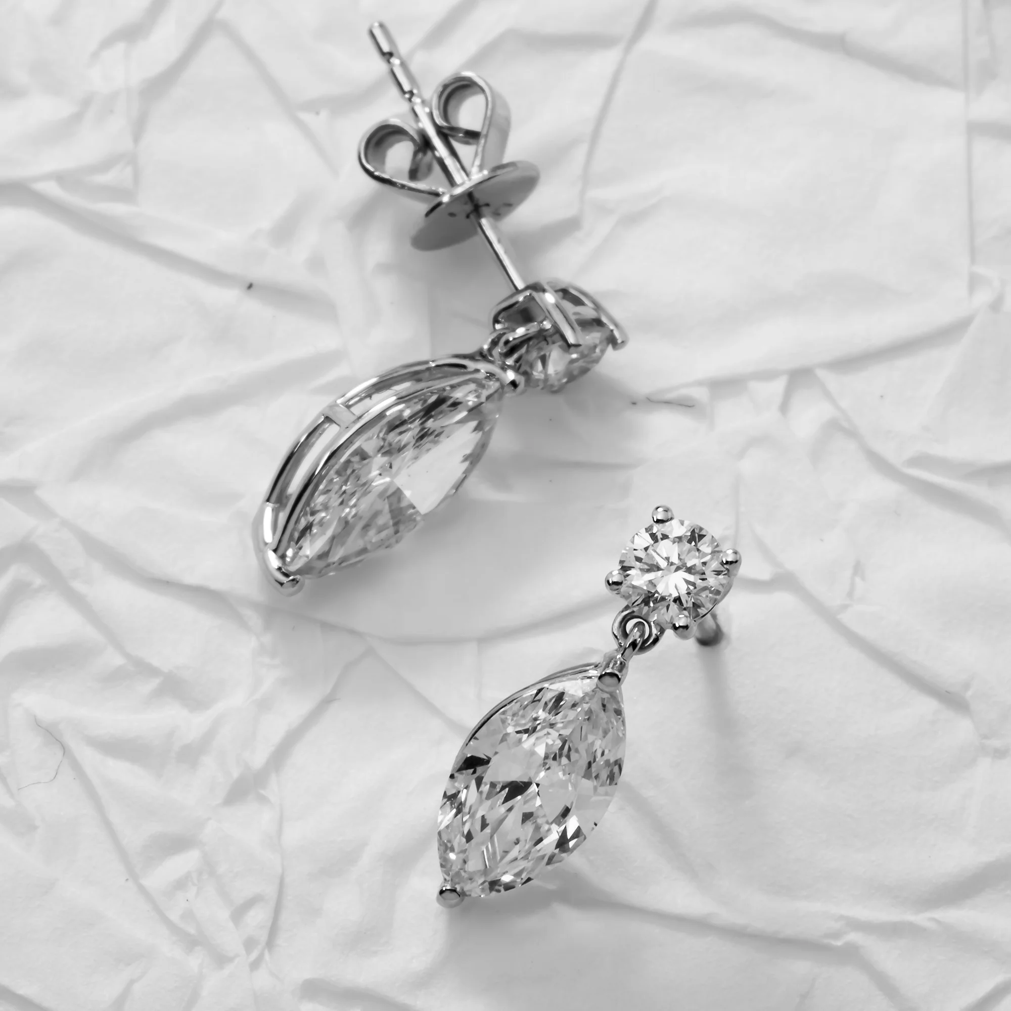 White Gold Round & Marquise Cut Diamond Short Drop Earrings 2.07ctw - Image 3