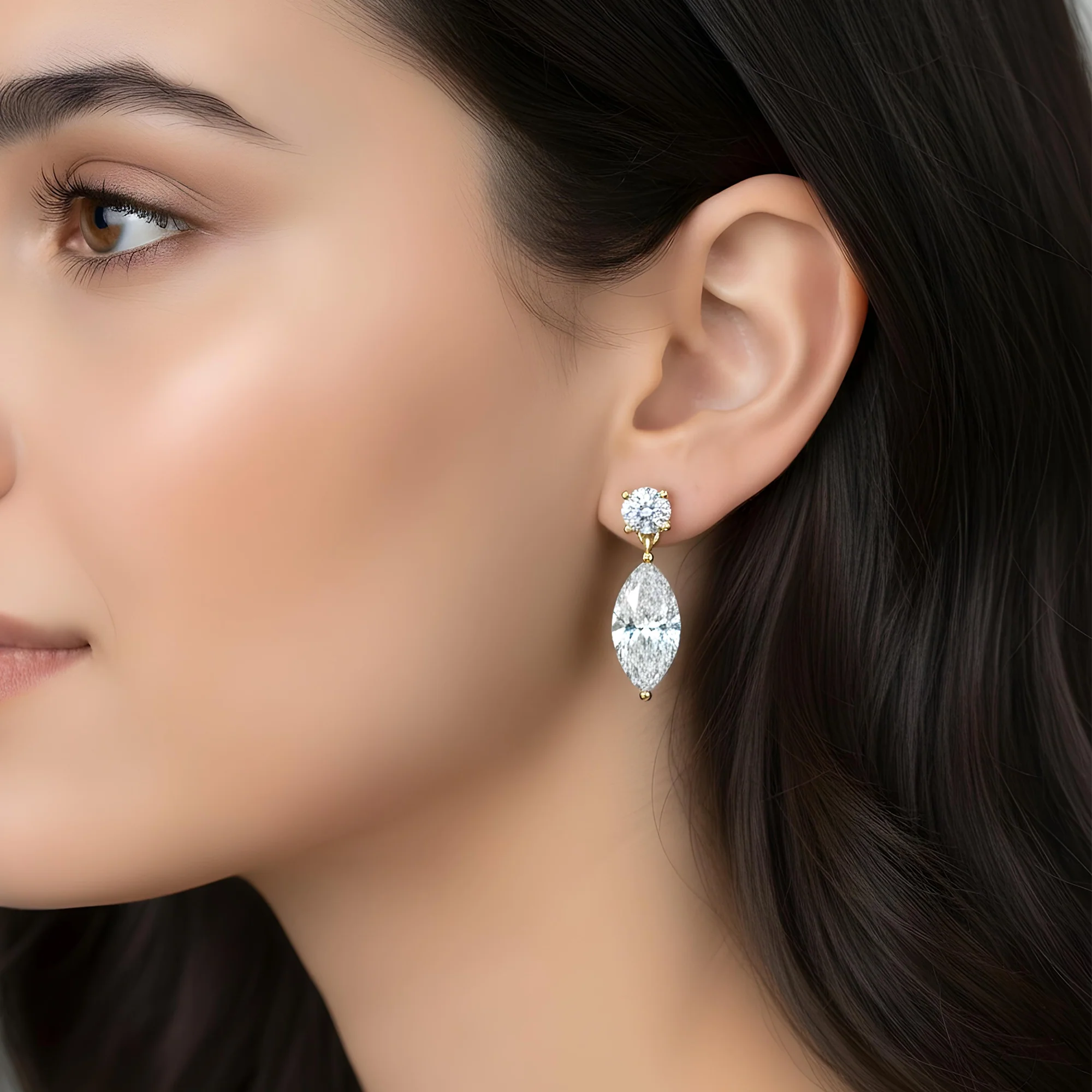 White Gold Round & Marquise Cut Diamond Short Drop Earrings 2.07ctw - Image 5