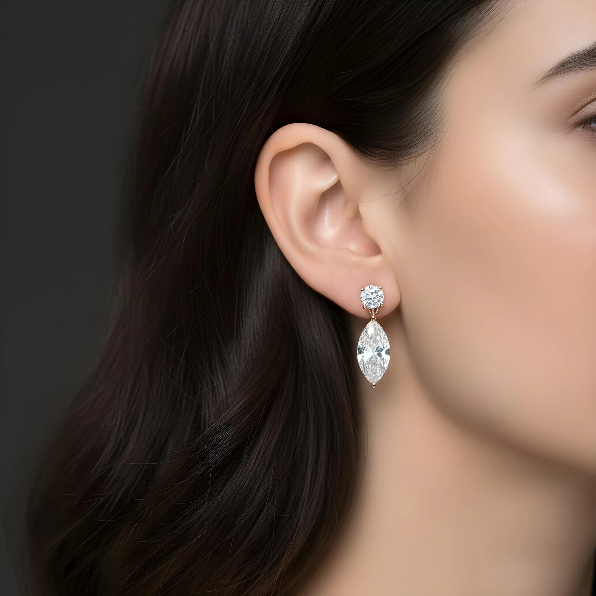 White Gold Round & Marquise Cut Diamond Short Drop Earrings 2.07ctw - Image 7