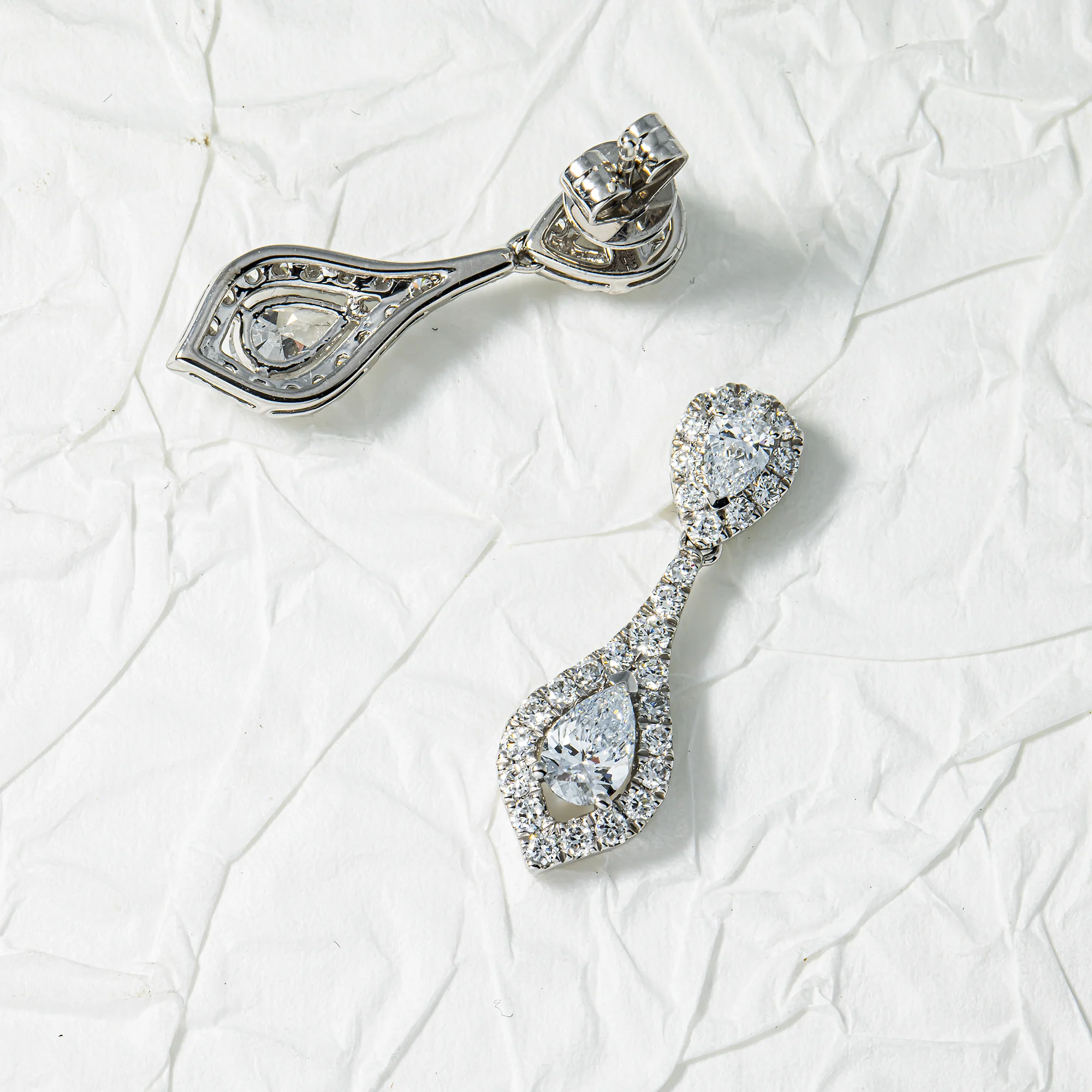 White Gold Round & Pear Cut Diamond Drop Earrings 1.64ctw - Image 3